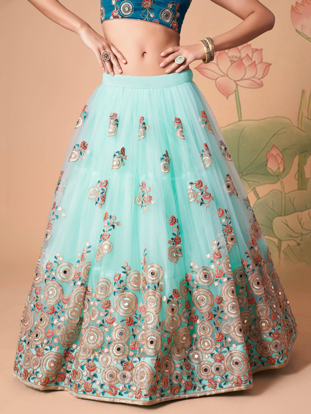 Electric Blue Sequins Work Net Wedding Wear Lehenga Choli for Women