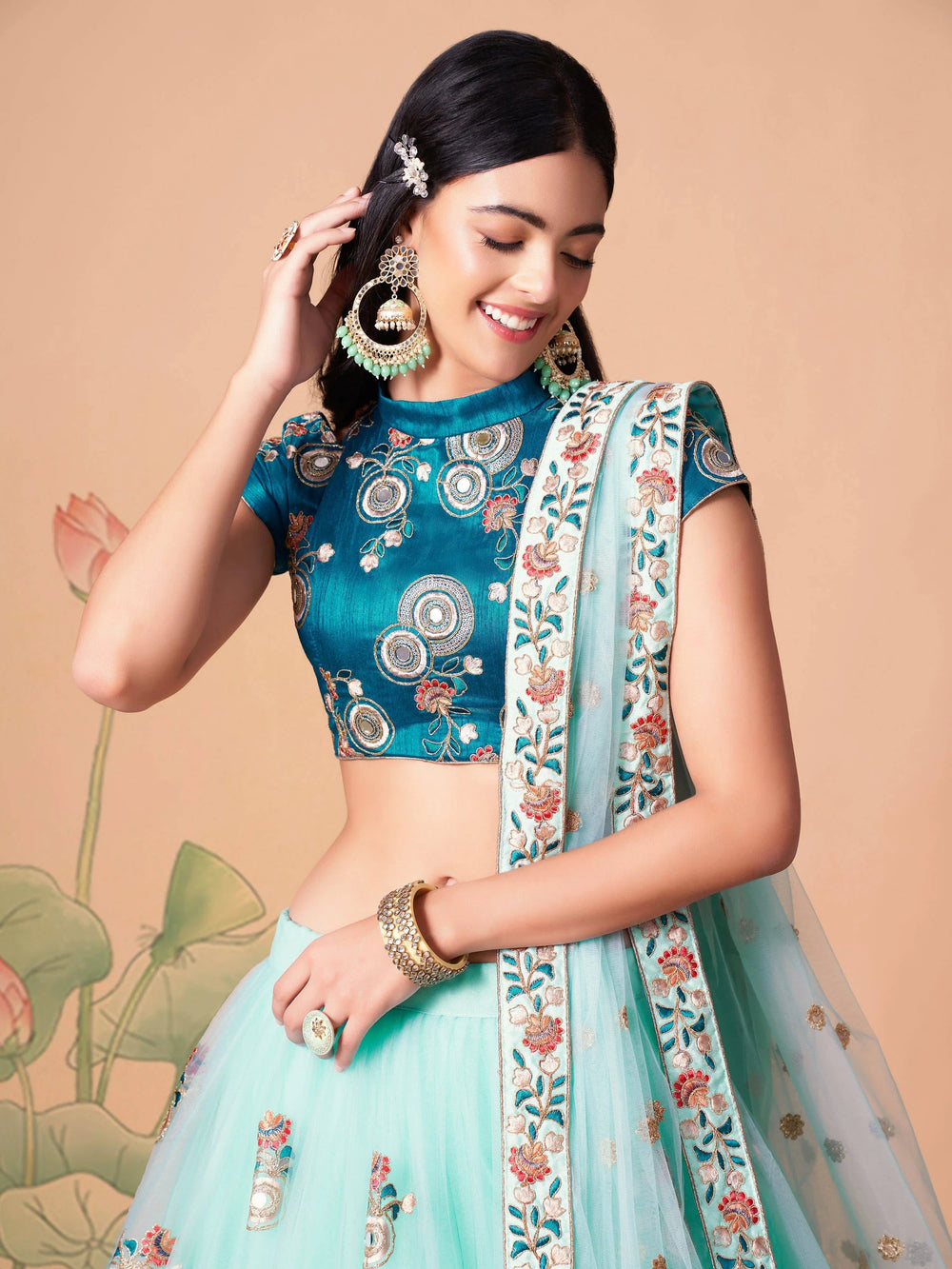 Electric Blue Sequins Work Net Wedding Wear Lehenga Choli for Women