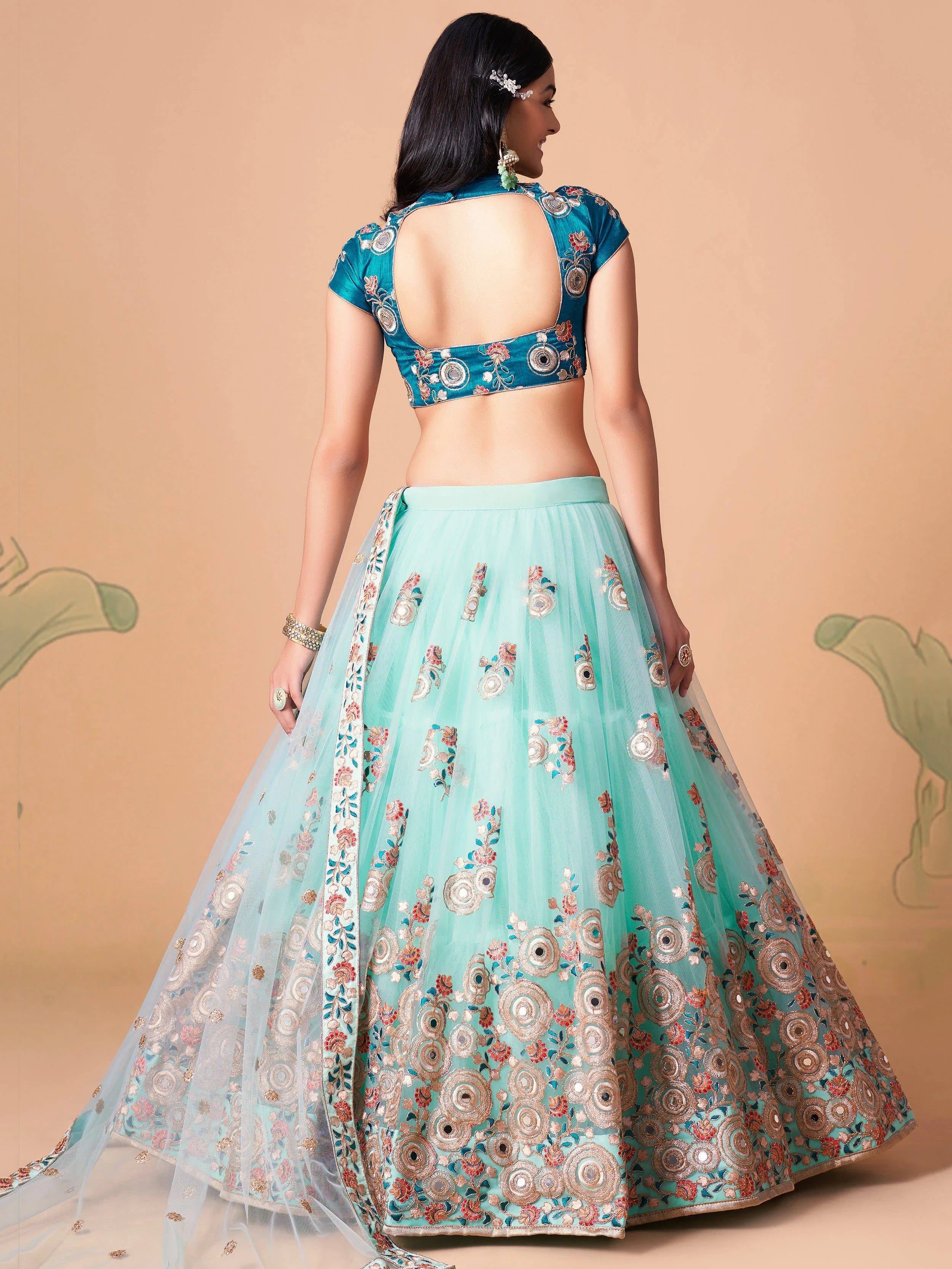 Electric Blue Sequins Work Net Wedding Wear Lehenga Choli for Women
