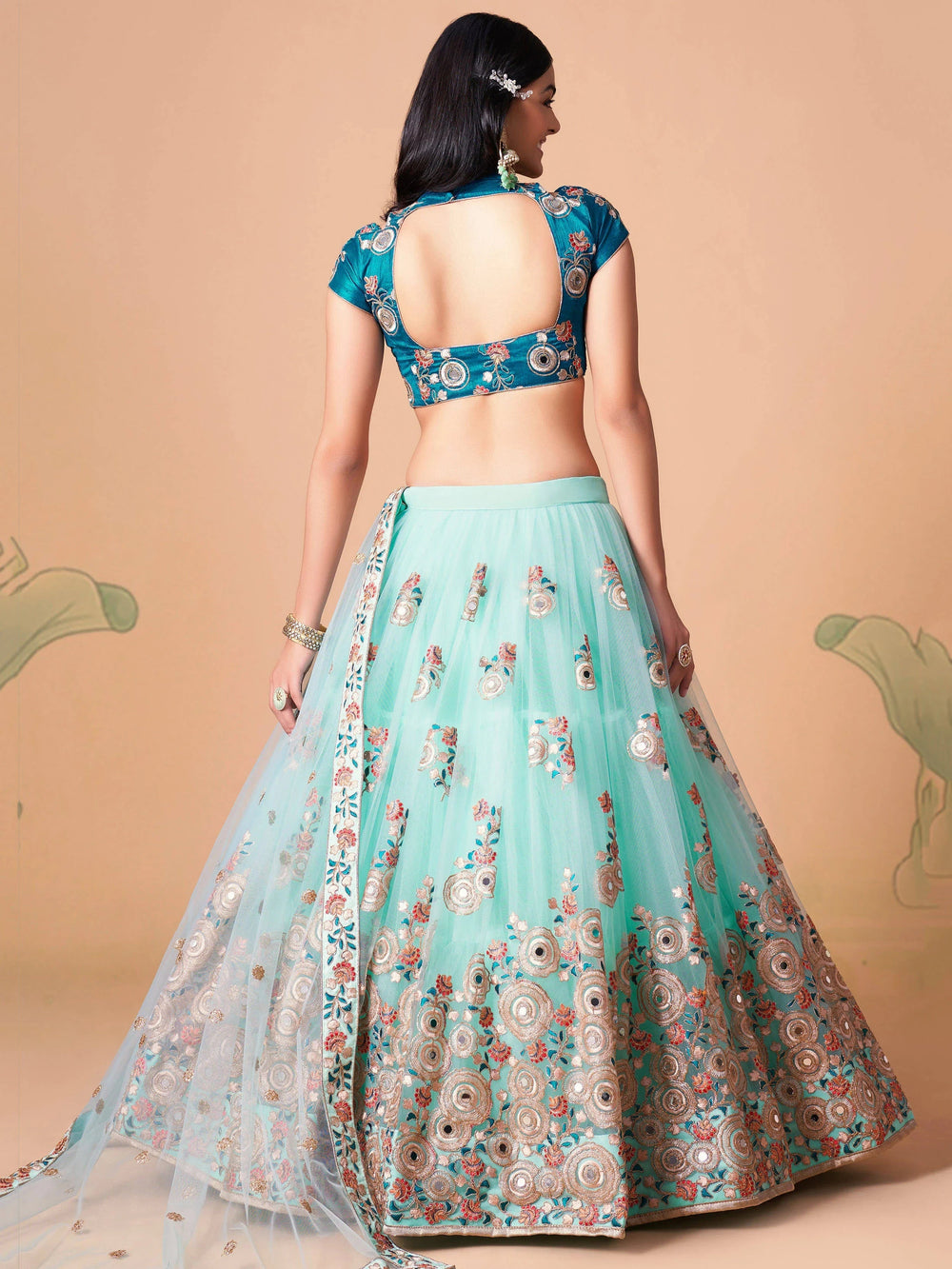 Electric Blue Sequins Work Net Wedding Wear Lehenga Choli for Women