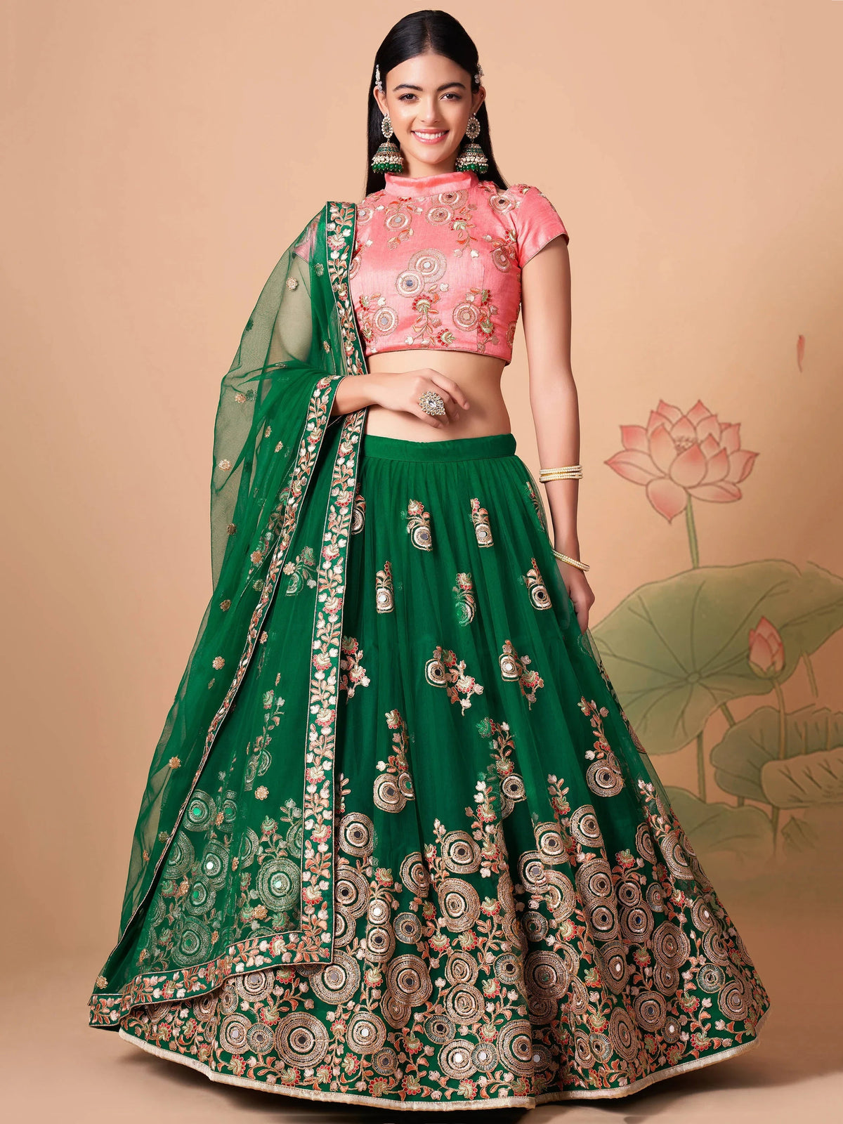 Green Embroidered Net Lehenga Choli Traditional Collection