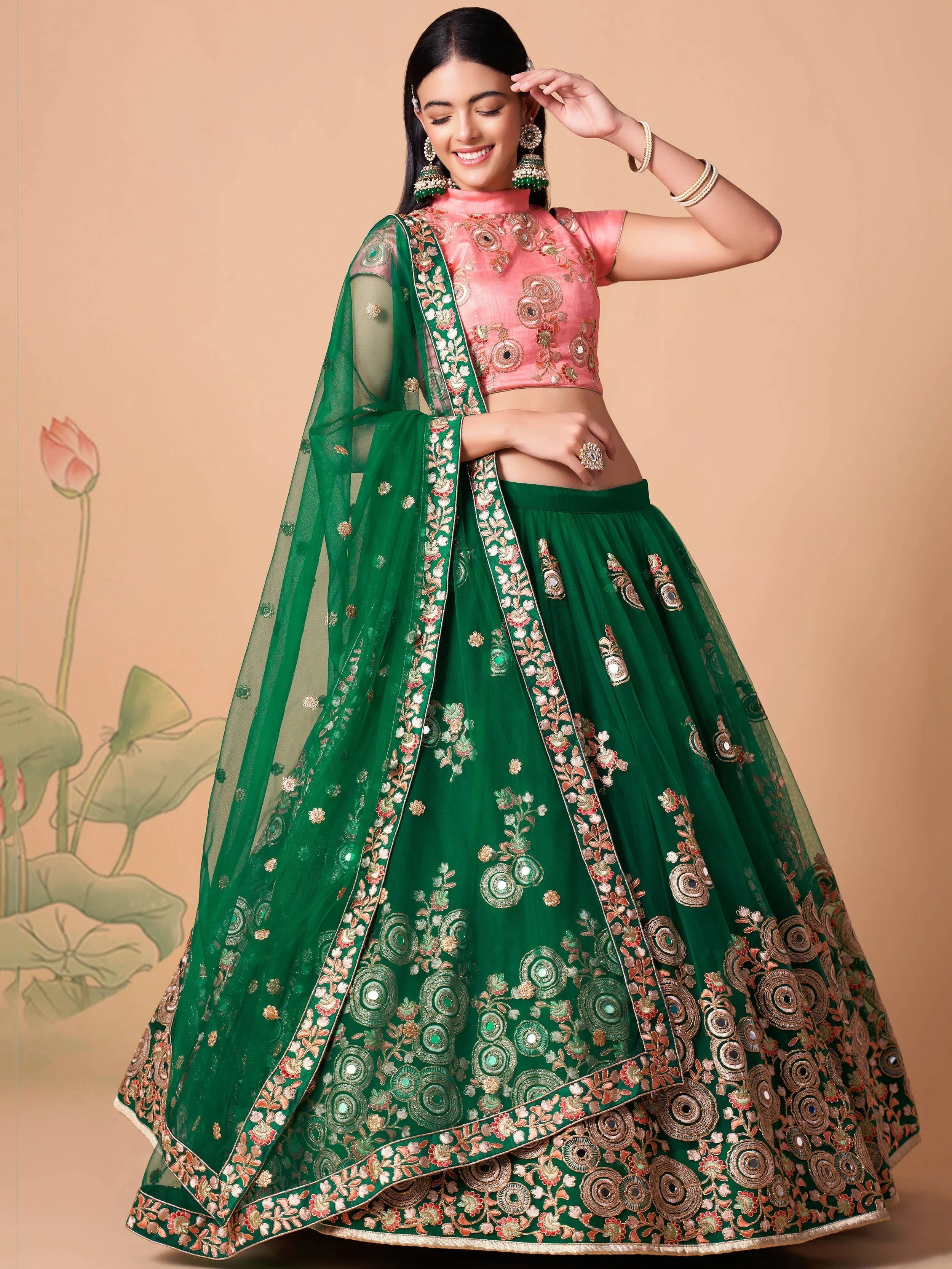 Green Embroidered Net Lehenga Choli Traditional Collection