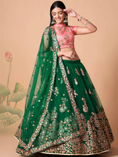 Green Embroidered Net Lehenga Choli Traditional Collection