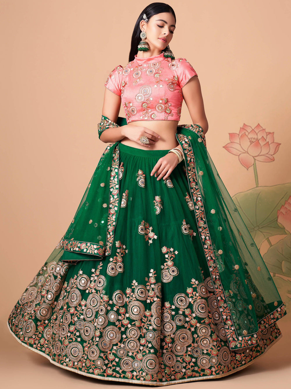 Green Embroidered Net Lehenga Choli Traditional Collection
