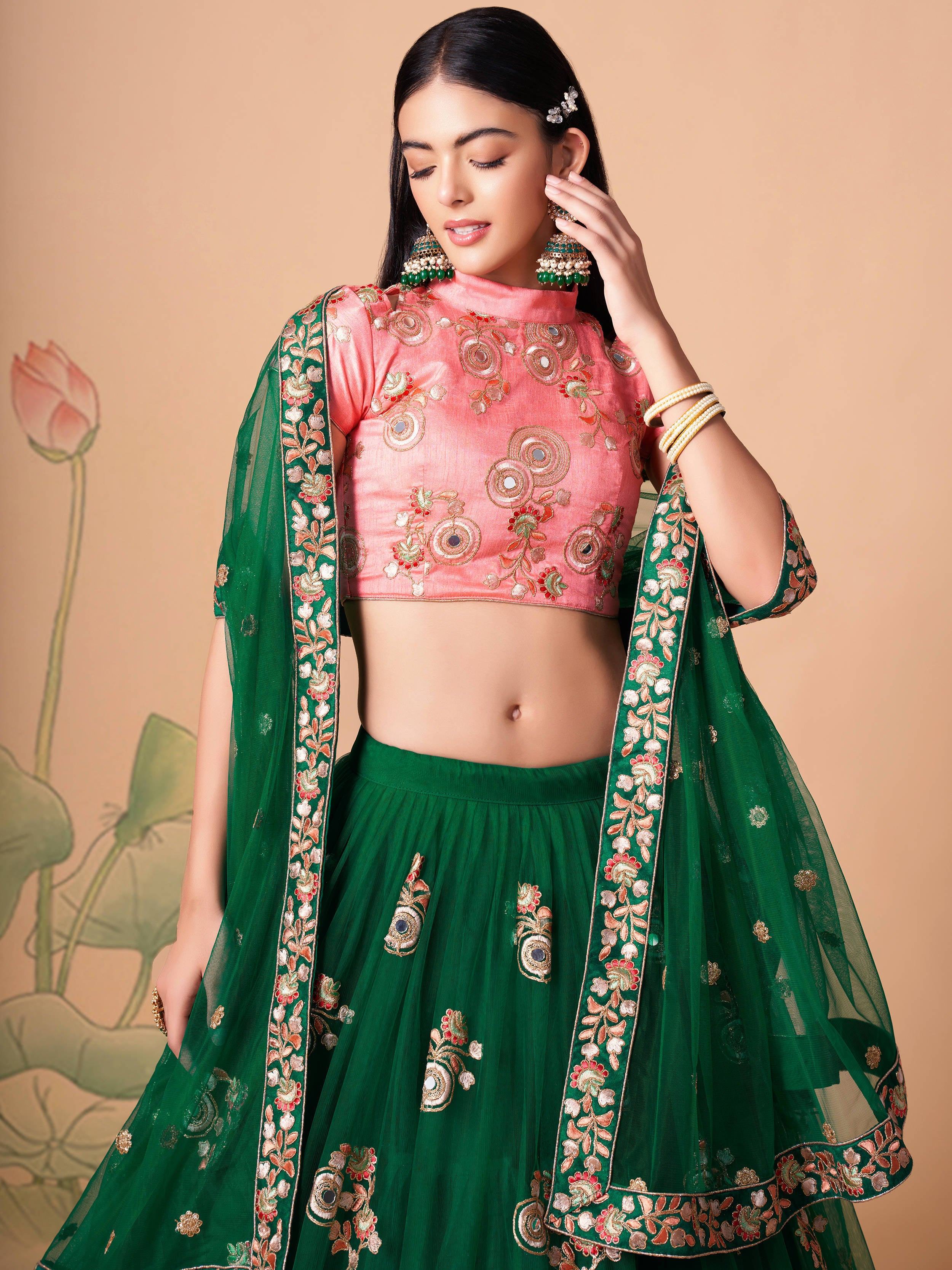 Green Embroidered Net Lehenga Choli Traditional Collection
