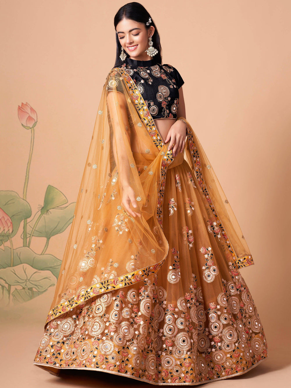 Yellow Mirror Embroidered Net Festive Lehenga Choli for Women