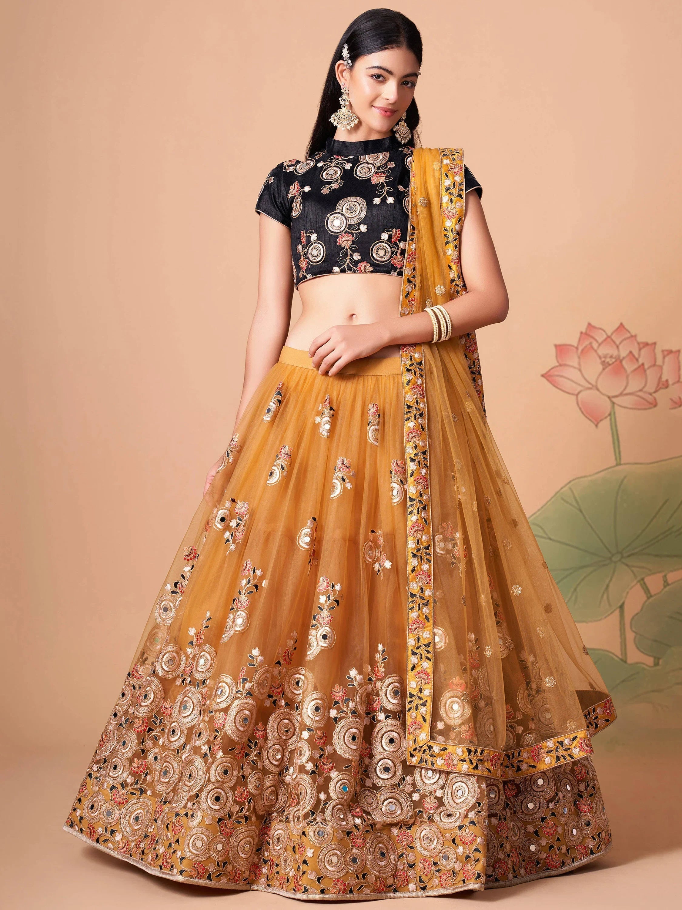 Yellow Mirror Embroidered Net Festive Lehenga Choli for Women