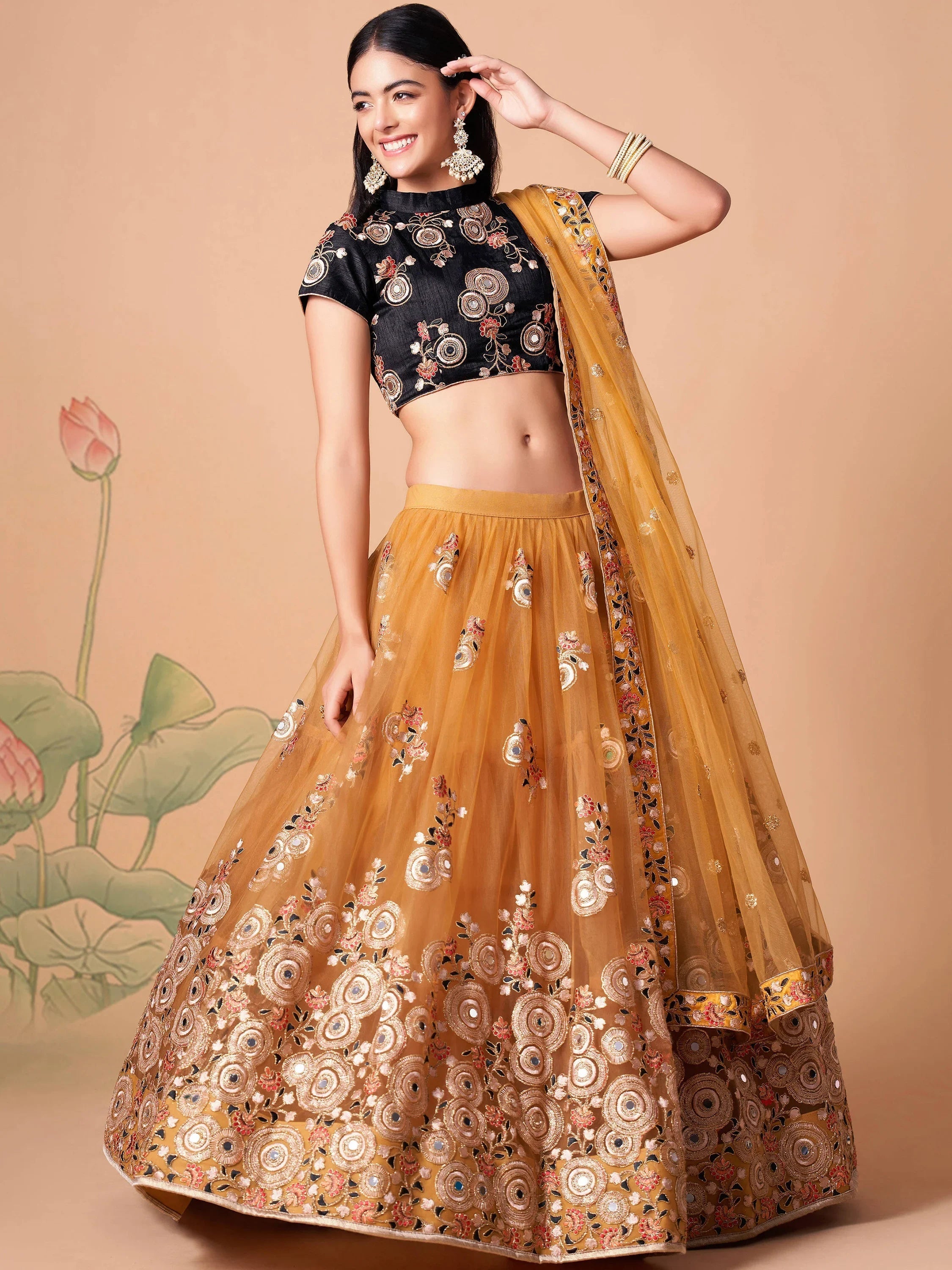 Yellow Mirror Embroidered Net Festive Lehenga Choli for Women