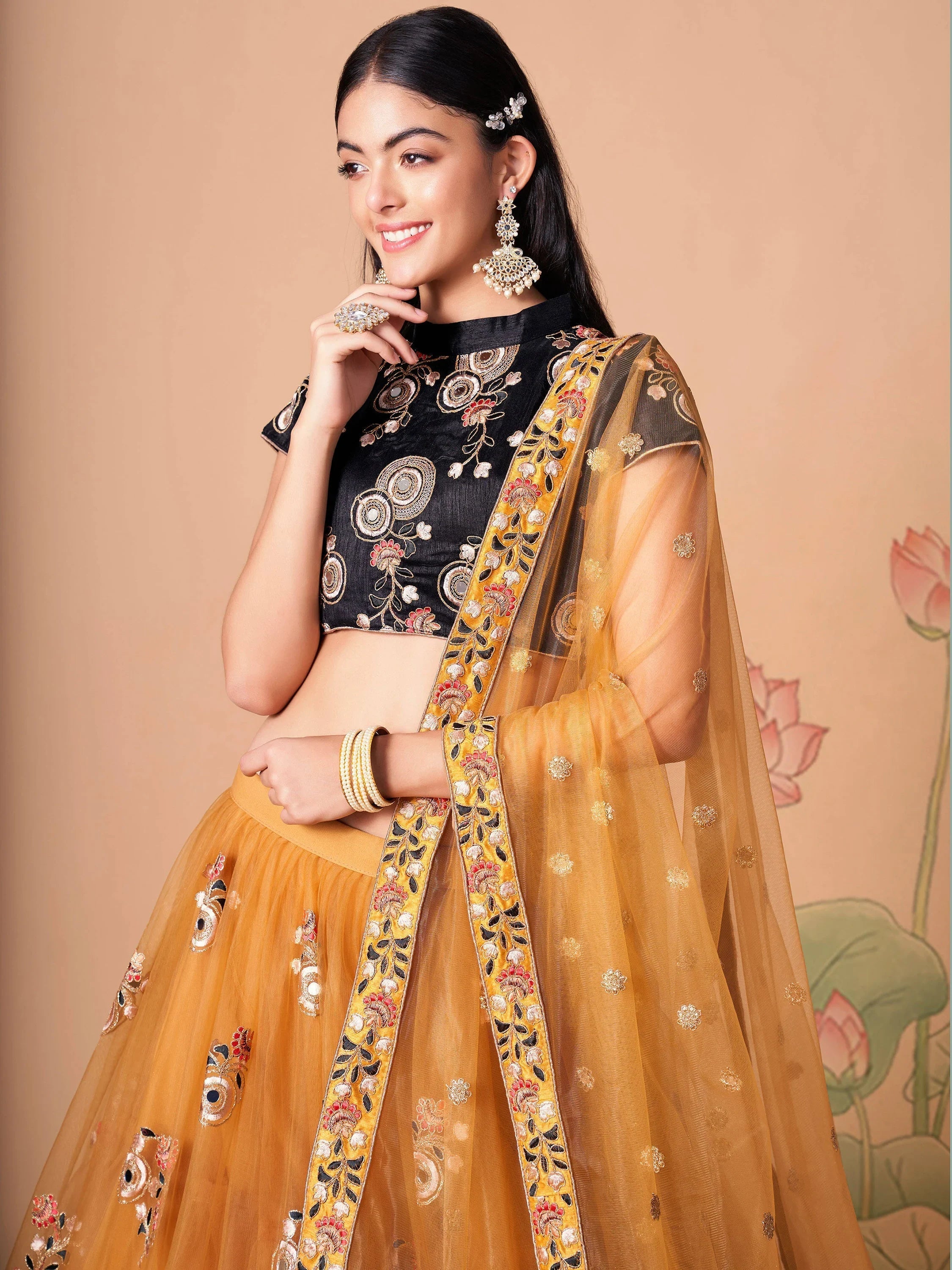 Yellow Mirror Embroidered Net Festive Lehenga Choli for Women