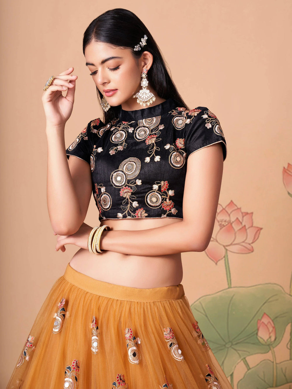 Yellow Mirror Embroidered Net Festive Lehenga Choli for Women