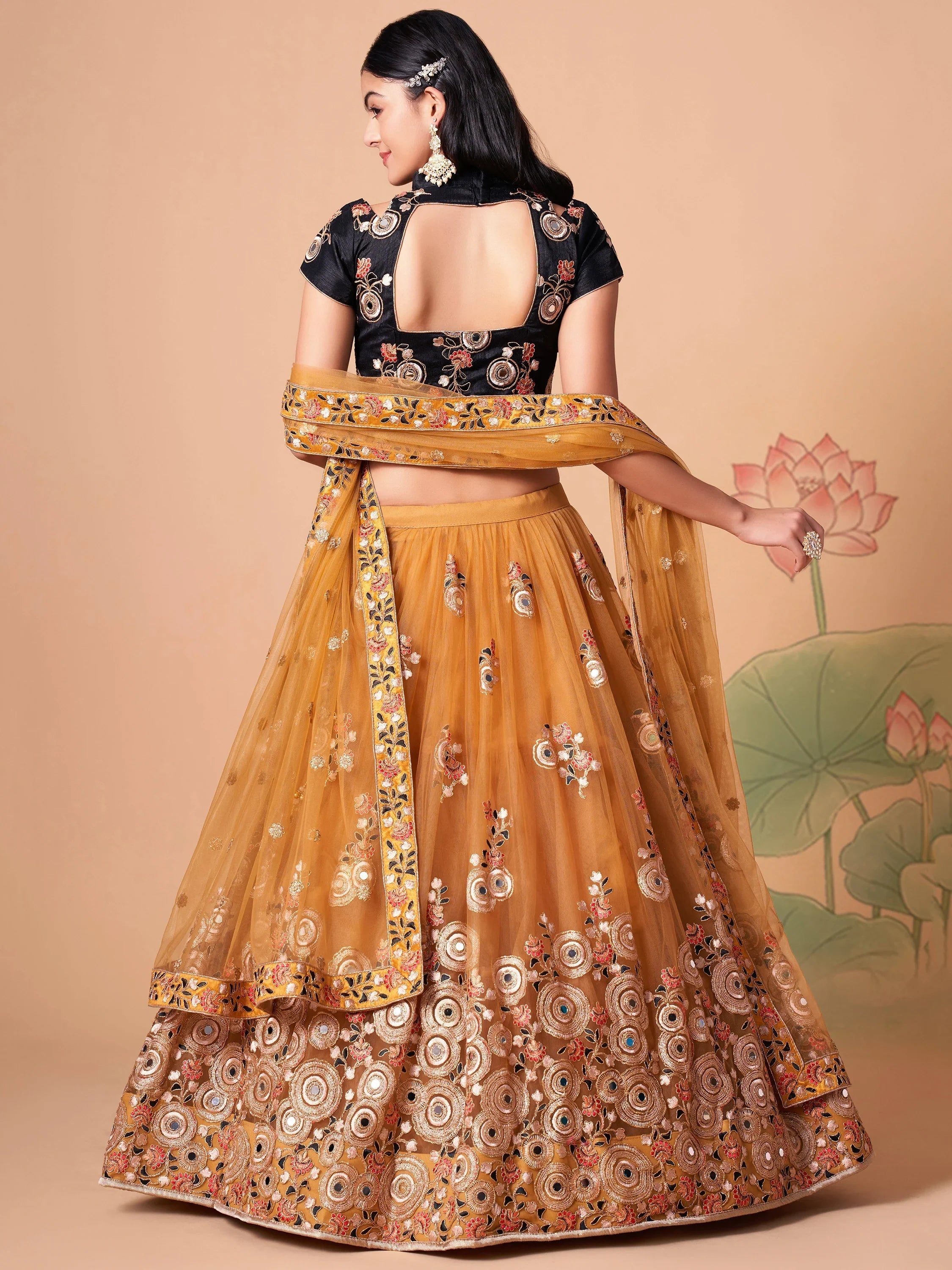 Yellow Mirror Embroidered Net Festive Lehenga Choli for Women