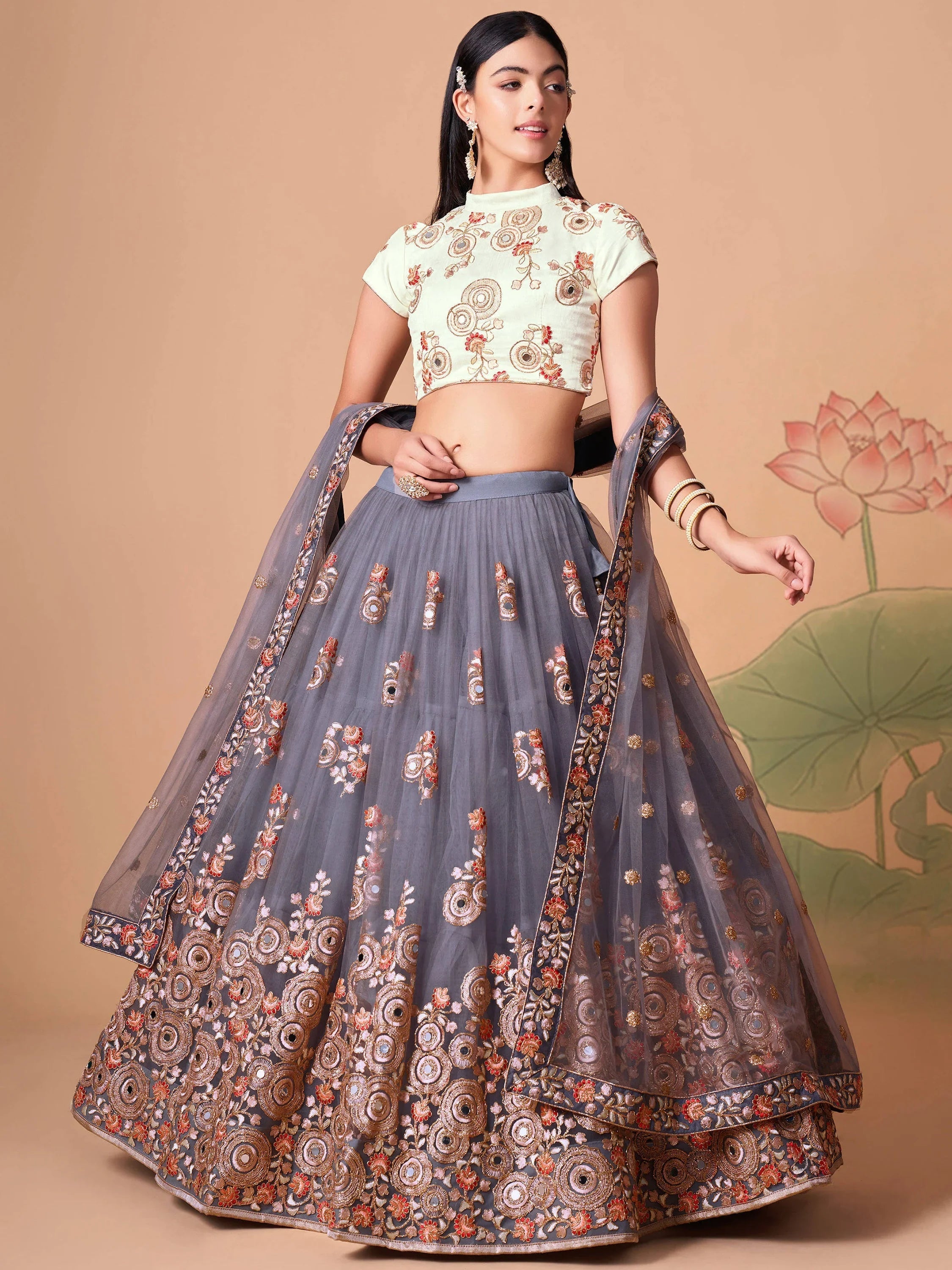 Sumptuous Grey Mirror Work Net Festival Wear Lehenga Choli for Women