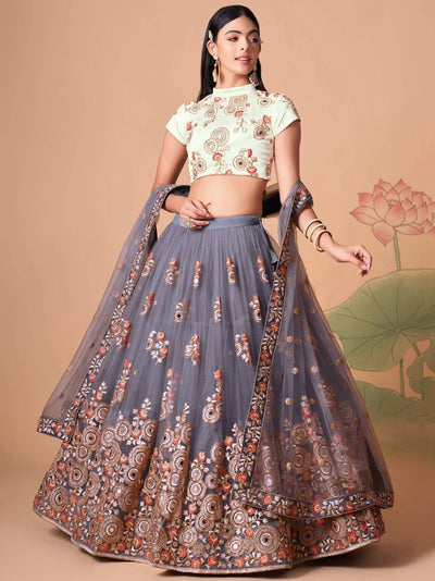 Sumptuous Grey Mirror Work Net Festival Wear Lehenga Choli for Women