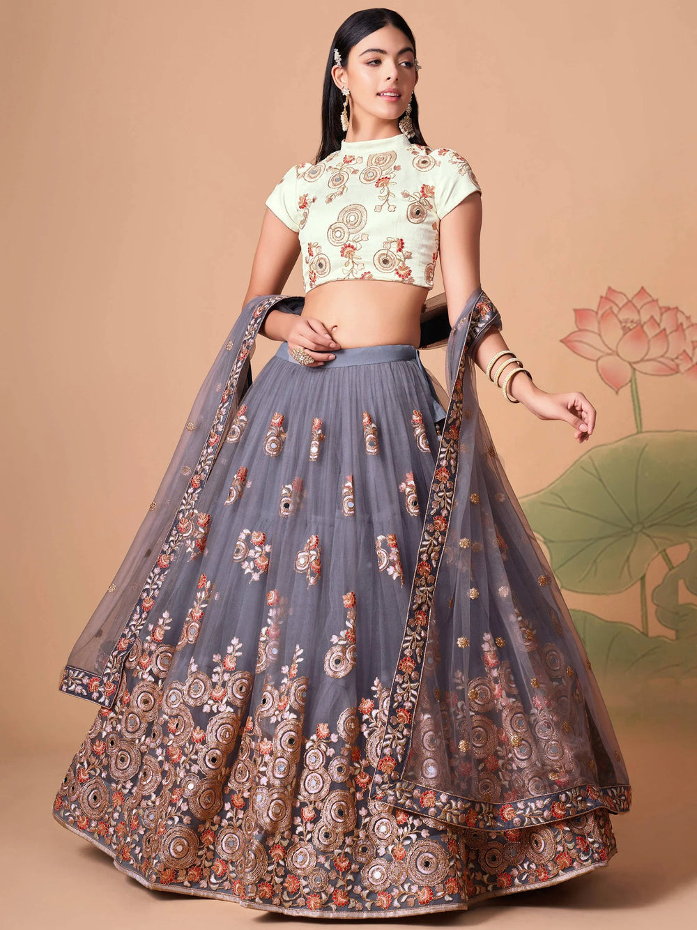 Sumptuous Grey Mirror Work Net Festival Wear Lehenga Choli for Women