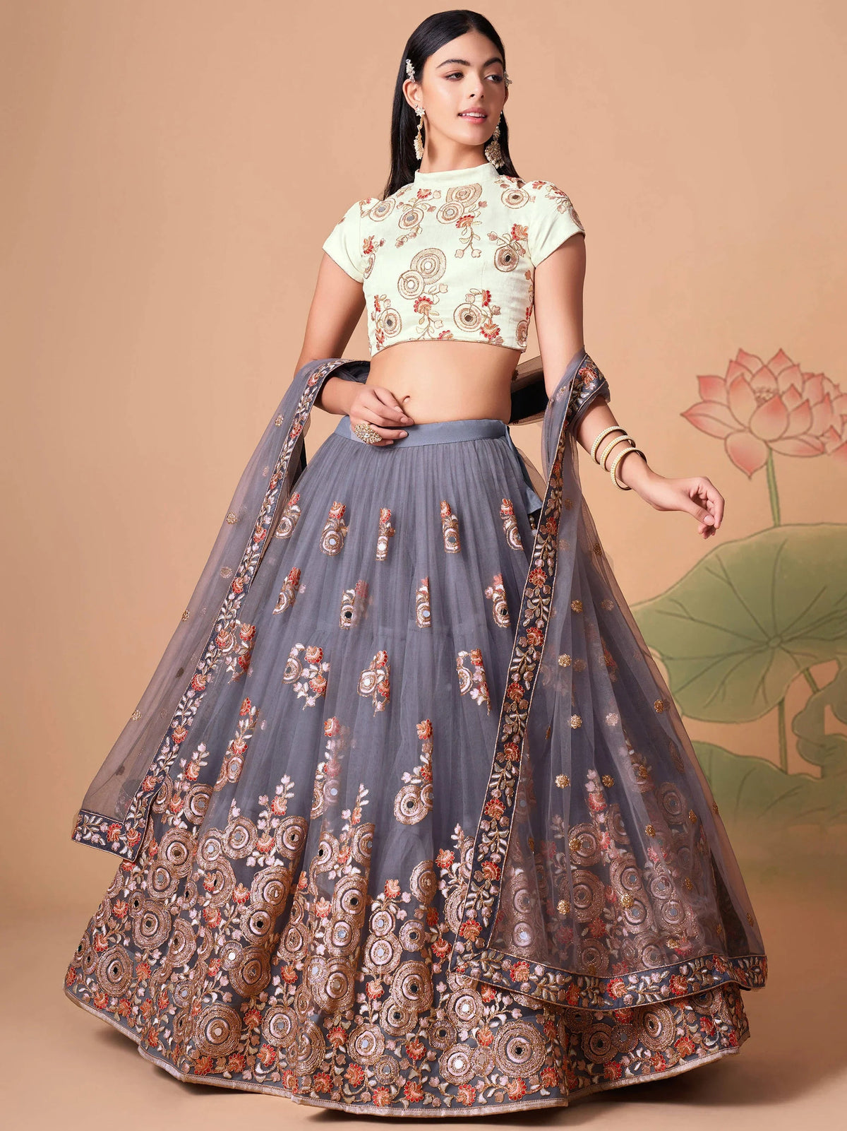 Sumptuous Grey Mirror Work Net Festival Wear Lehenga Choli for Women