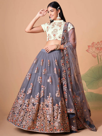 Sumptuous Grey Mirror Work Net Festival Wear Lehenga Choli for Women