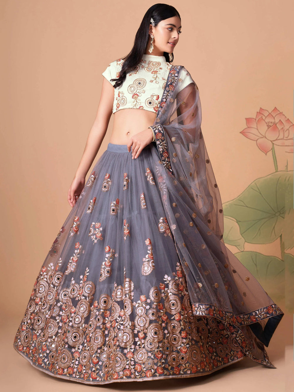 Sumptuous Grey Mirror Work Net Festival Wear Lehenga Choli for Women