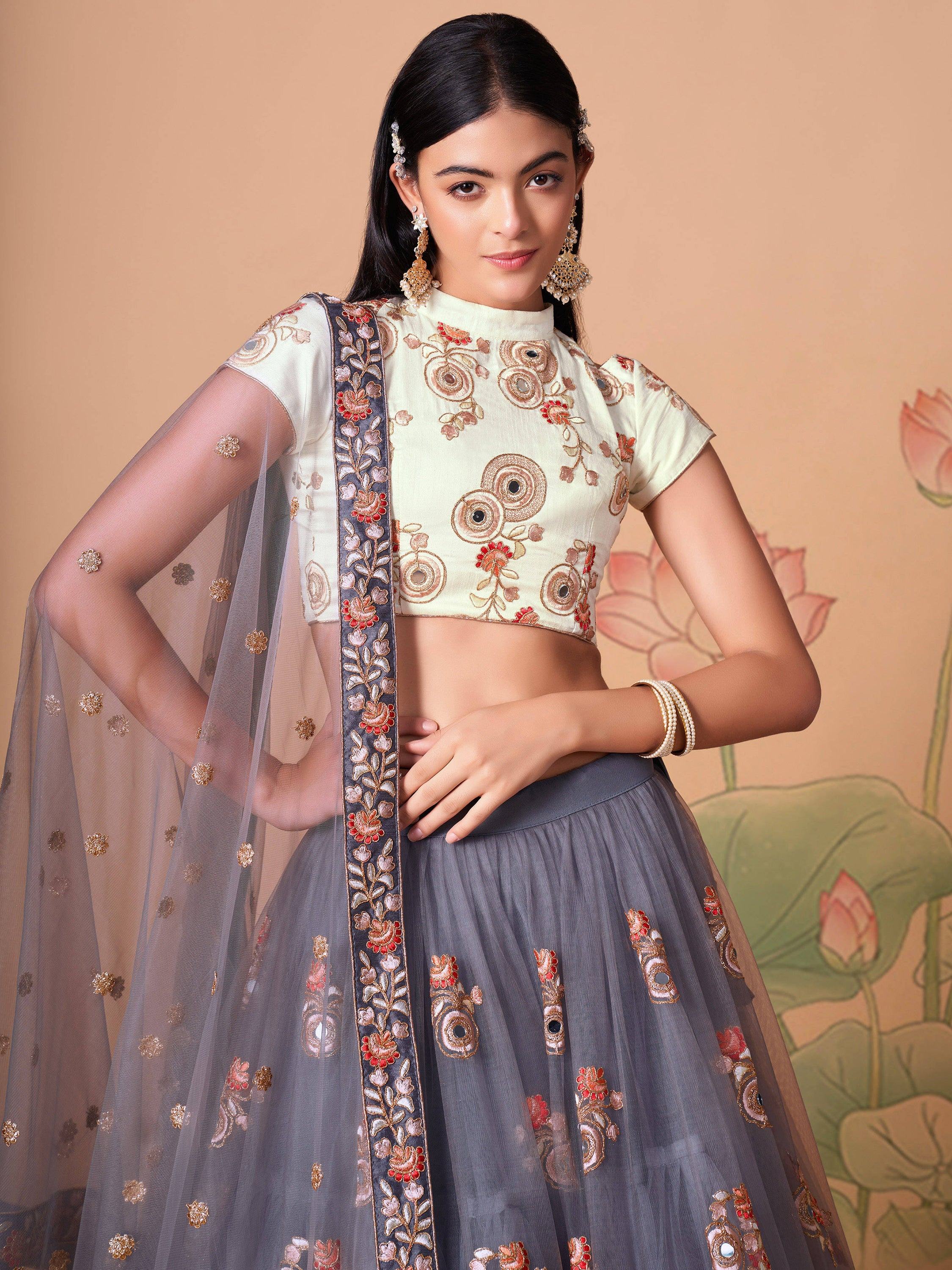 Sumptuous Grey Mirror Work Net Festival Wear Lehenga Choli for Women