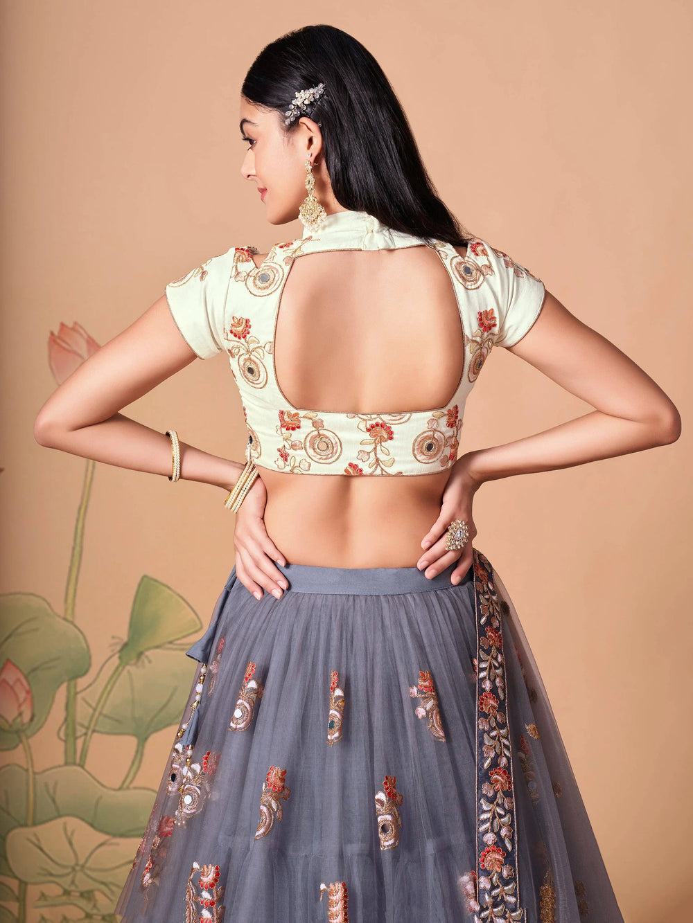 Sumptuous Grey Mirror Work Net Festival Wear Lehenga Choli for Women