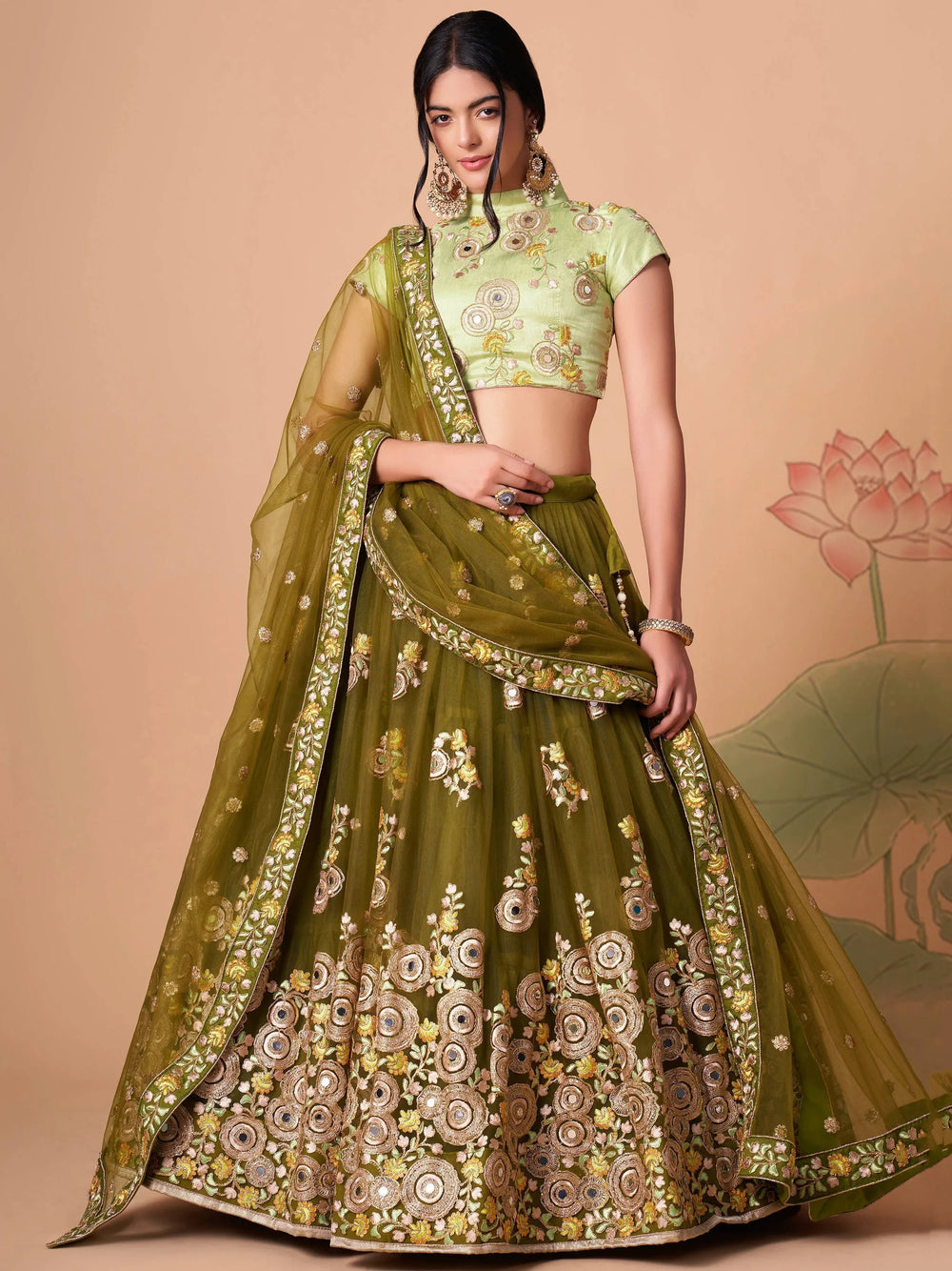 Olive Green Embroidered Net Wedding Lehenga Choli Festive Collection