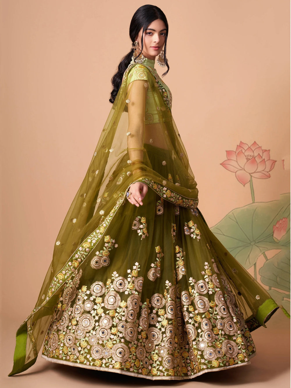 Olive Green Embroidered Net Wedding Lehenga Choli Festive Collection