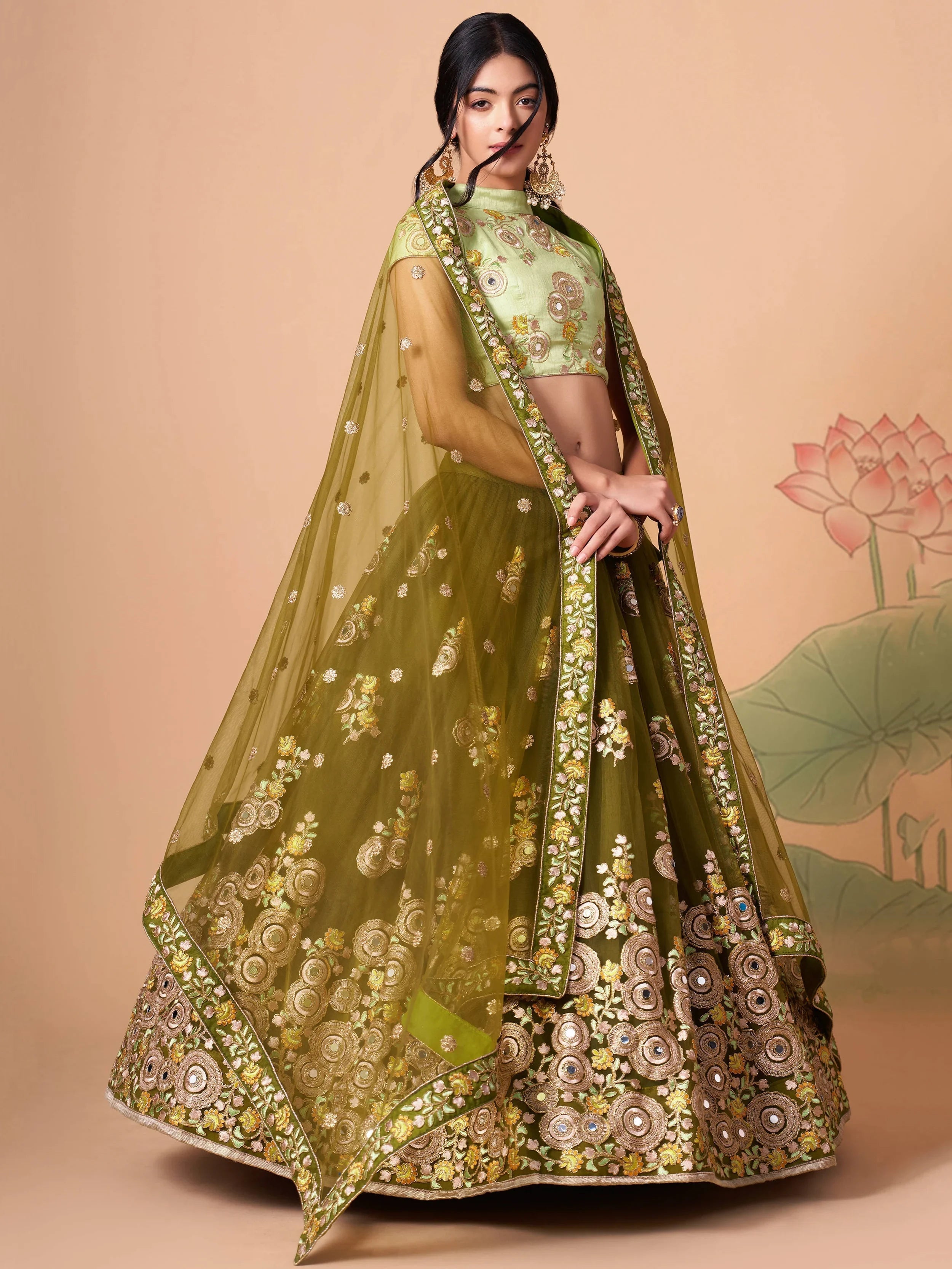 Olive Green Embroidered Net Wedding Lehenga Choli Festive Collection
