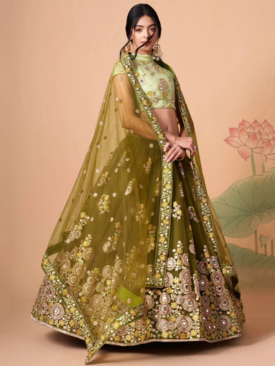 Olive Green Embroidered Net Wedding Lehenga Choli Festive Collection
