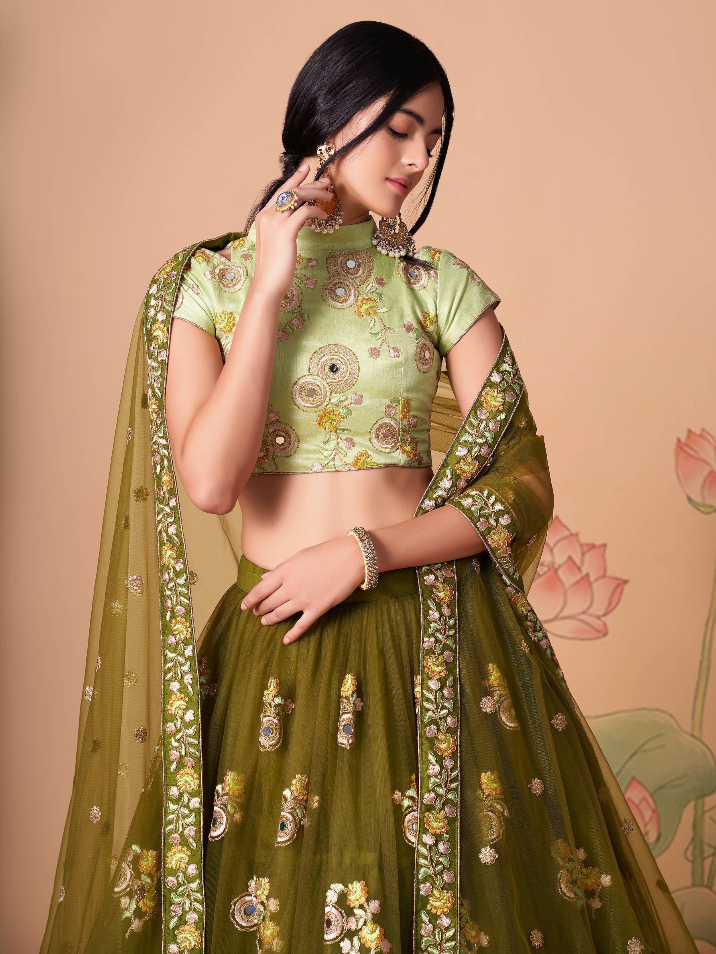Olive Green Embroidered Net Wedding Lehenga Choli Festive Collection
