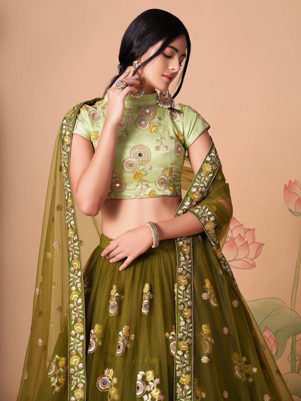 Olive Green Embroidered Net Wedding Lehenga Choli Festive Collection