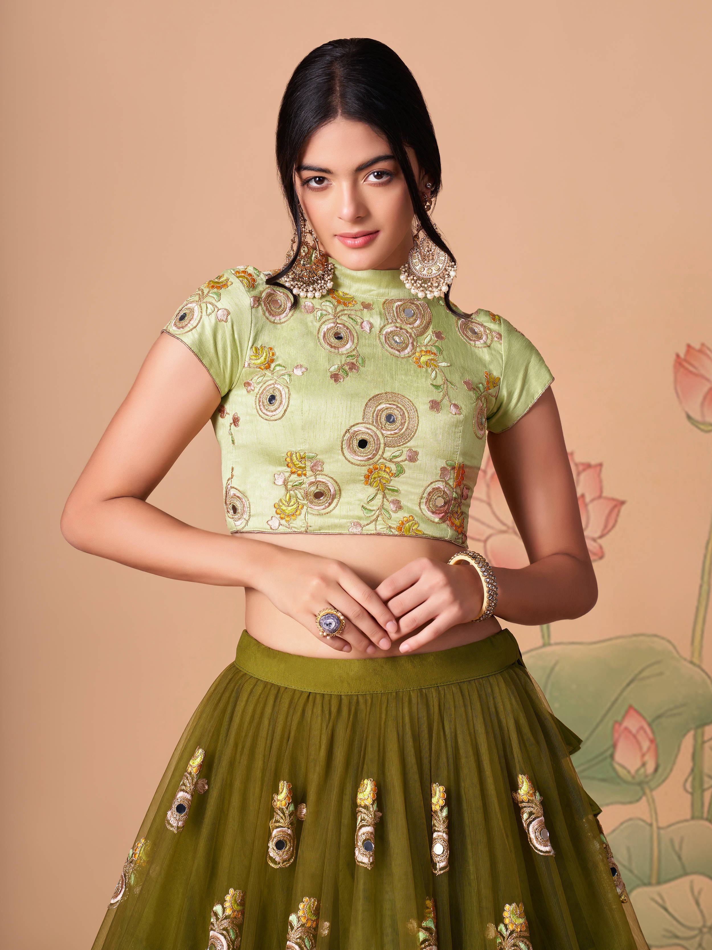 Olive Green Embroidered Net Wedding Lehenga Choli Festive Collection