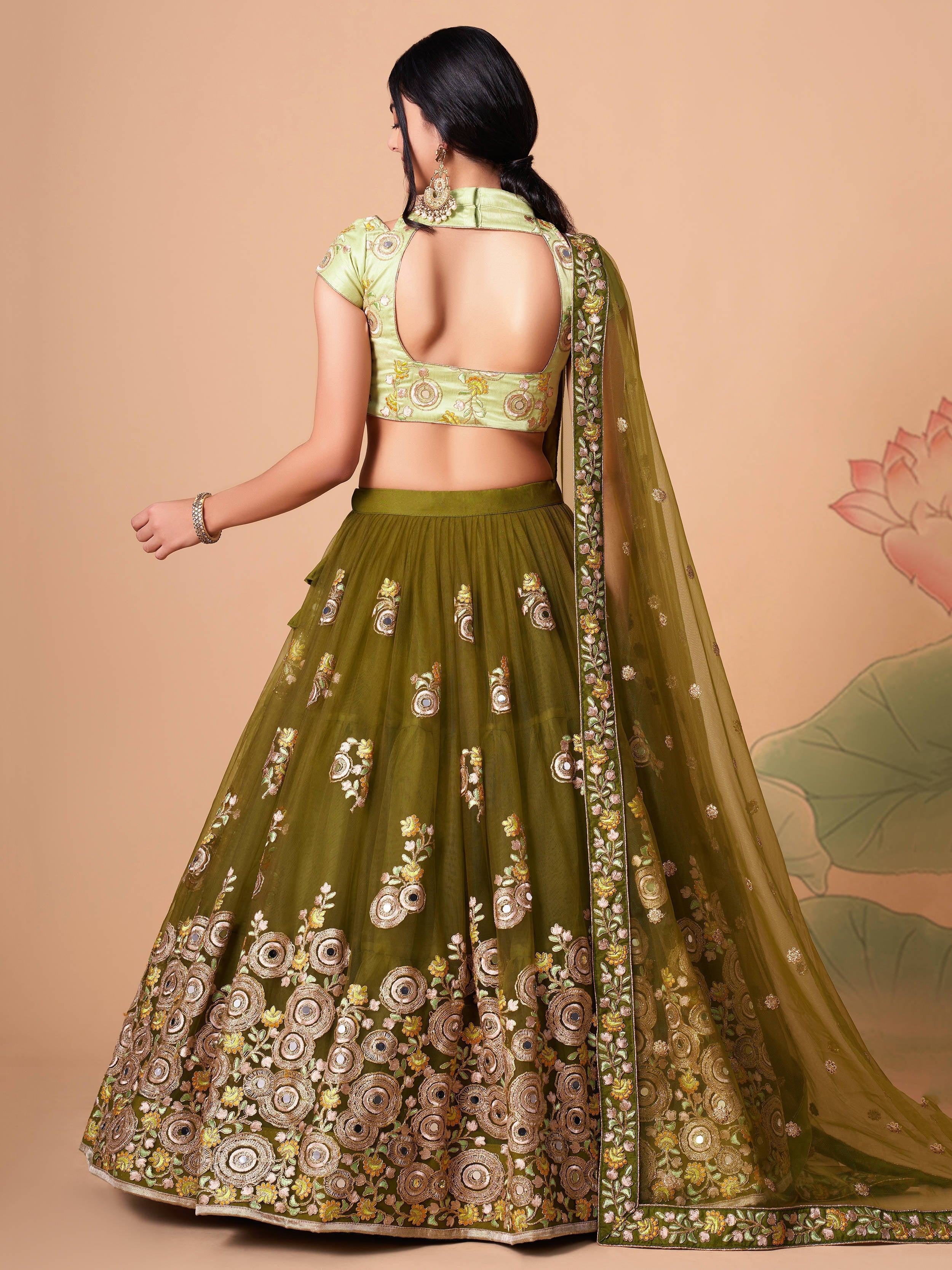 Olive Green Embroidered Net Wedding Lehenga Choli Festive Collection