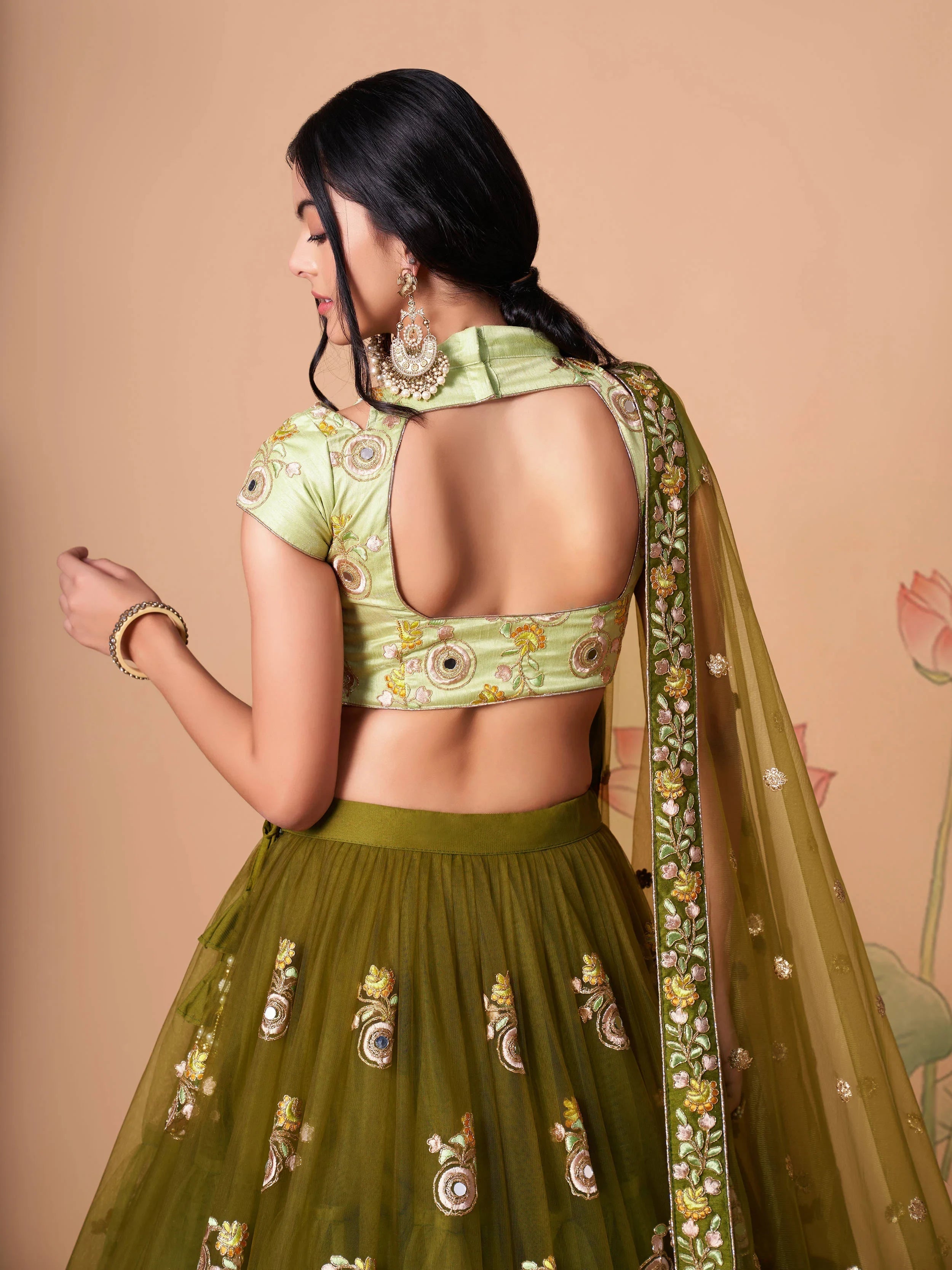 Olive Green Embroidered Net Wedding Lehenga Choli Festive Collection