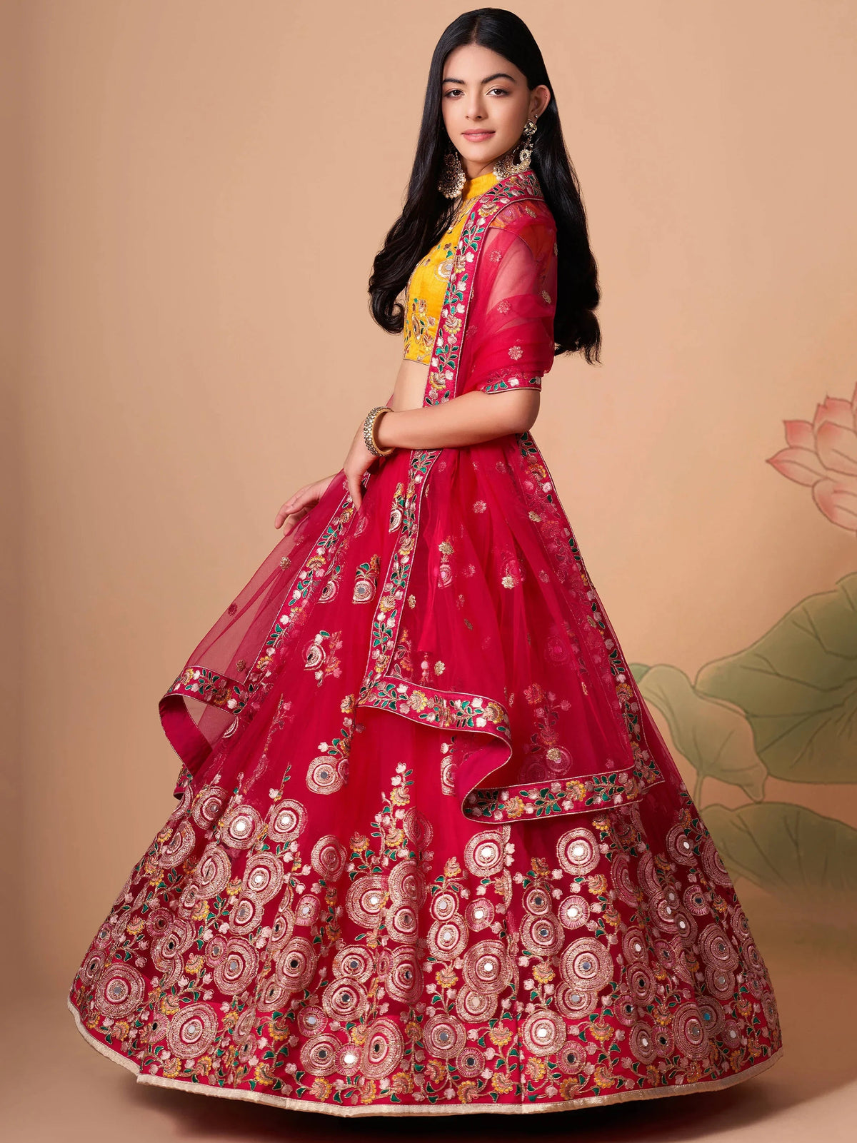 Vibrant Pink Embroidered Net Festival Wear Lehenga Choli Choli