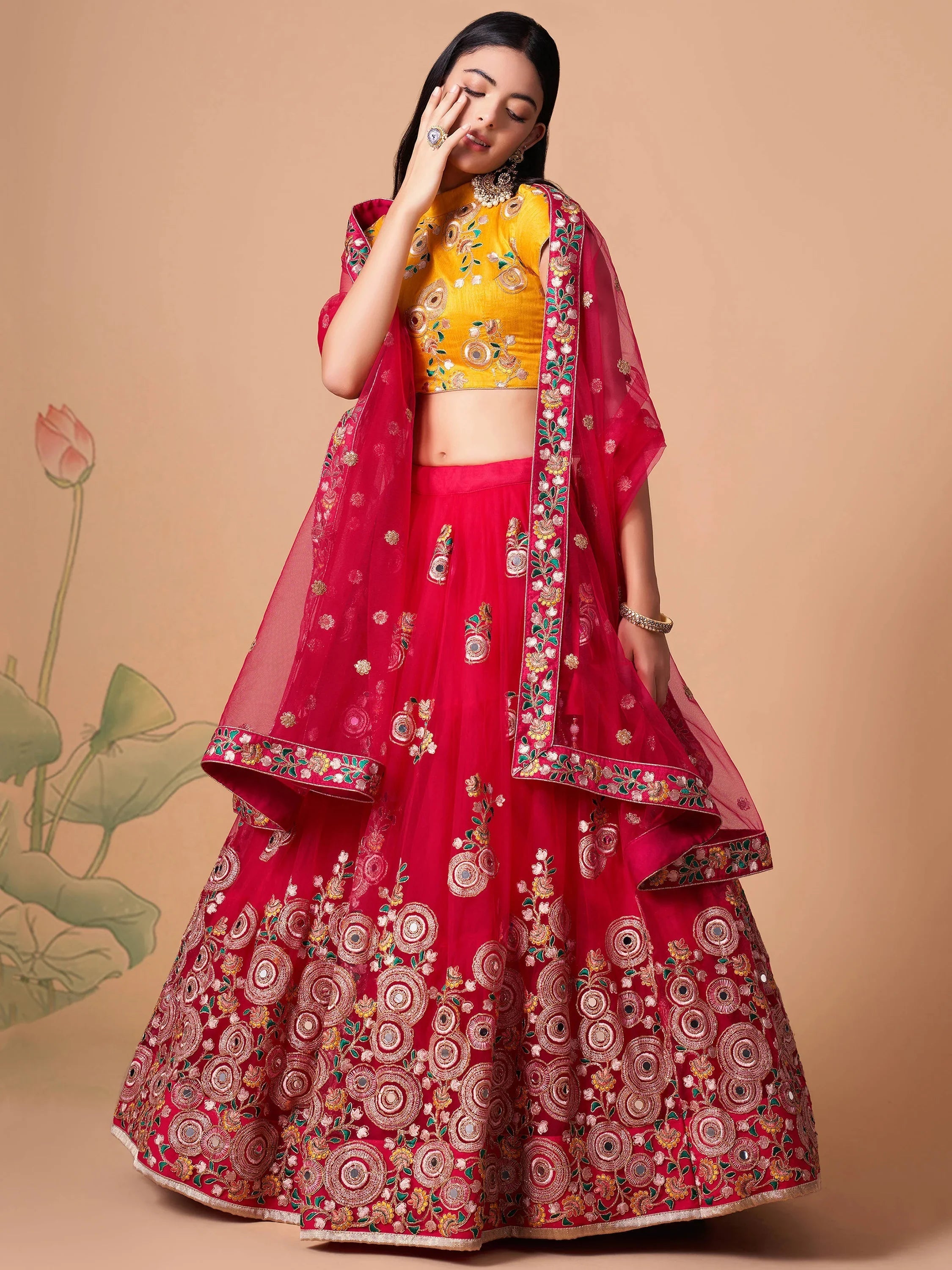 Vibrant Pink Embroidered Net Festival Wear Lehenga Choli Choli