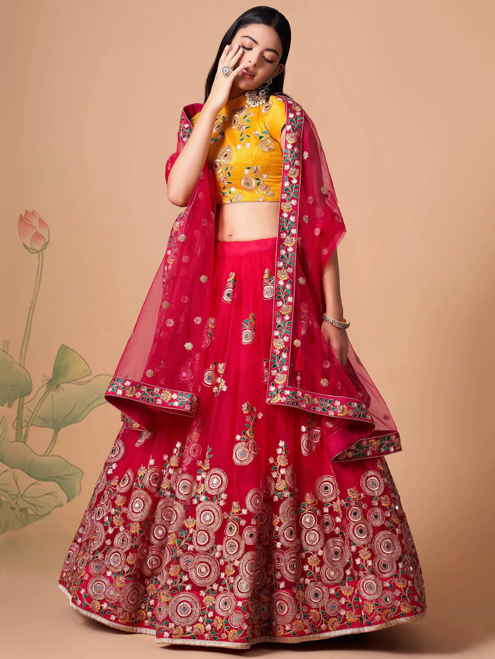 Vibrant Pink Embroidered Net Festival Wear Lehenga Choli Choli