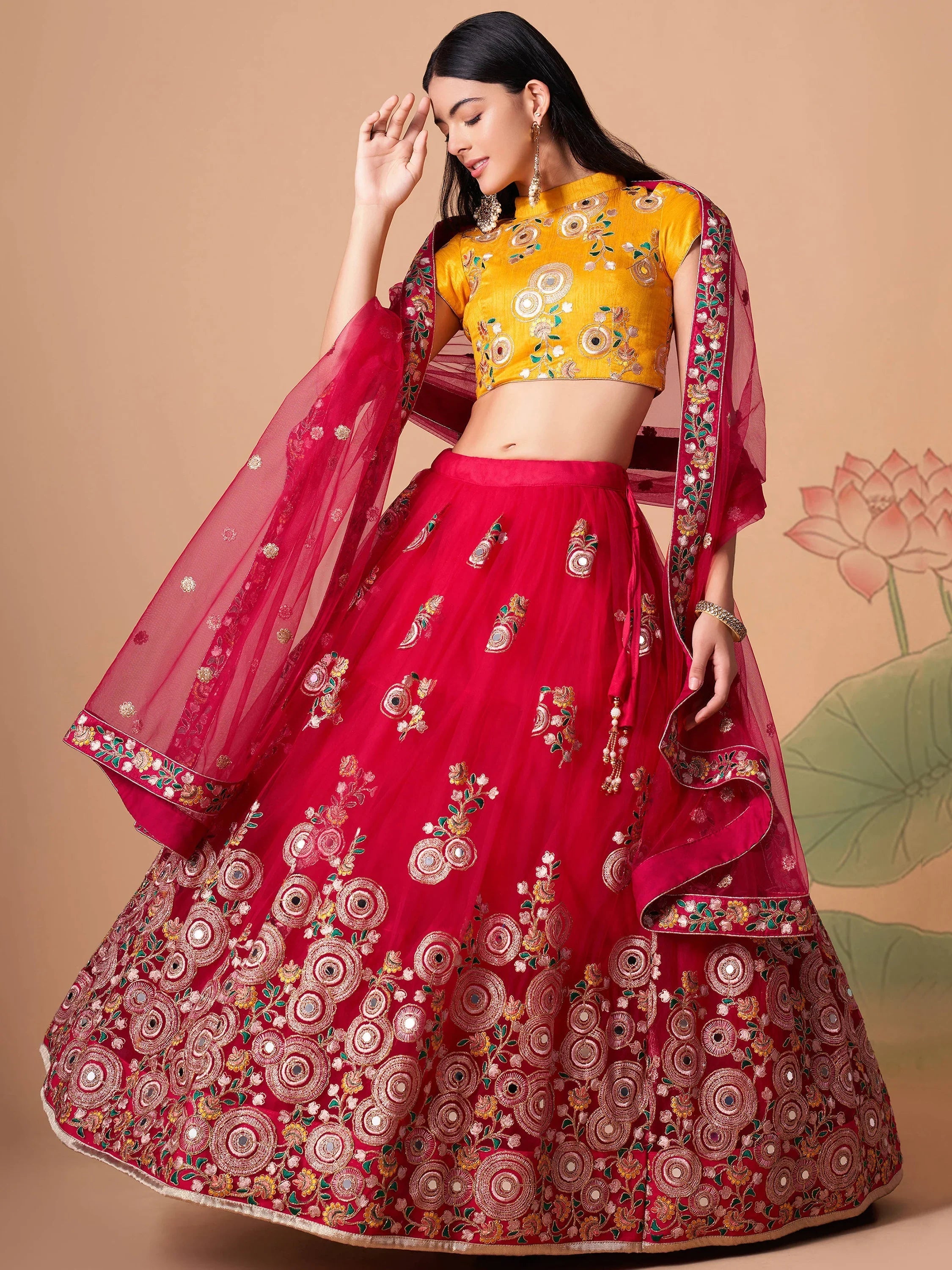 Vibrant Pink Embroidered Net Festival Wear Lehenga Choli Choli