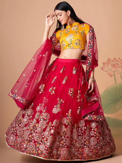 Vibrant Pink Embroidered Net Festival Wear Lehenga Choli Choli