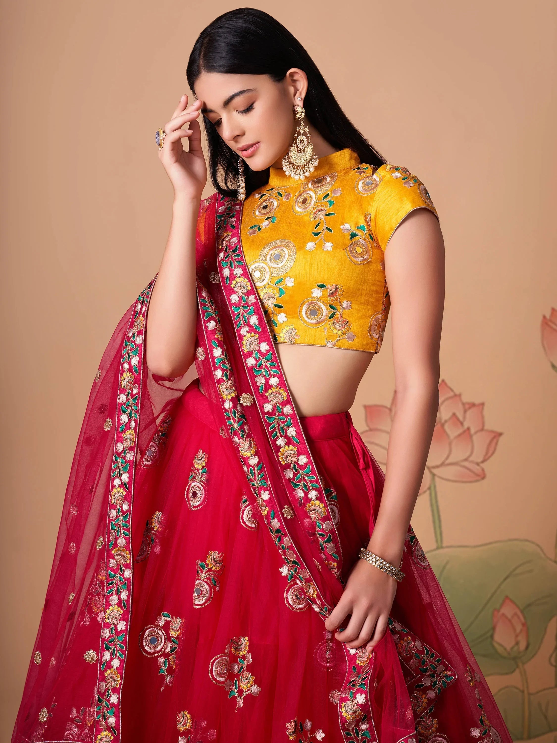 Vibrant Pink Embroidered Net Festival Wear Lehenga Choli Choli