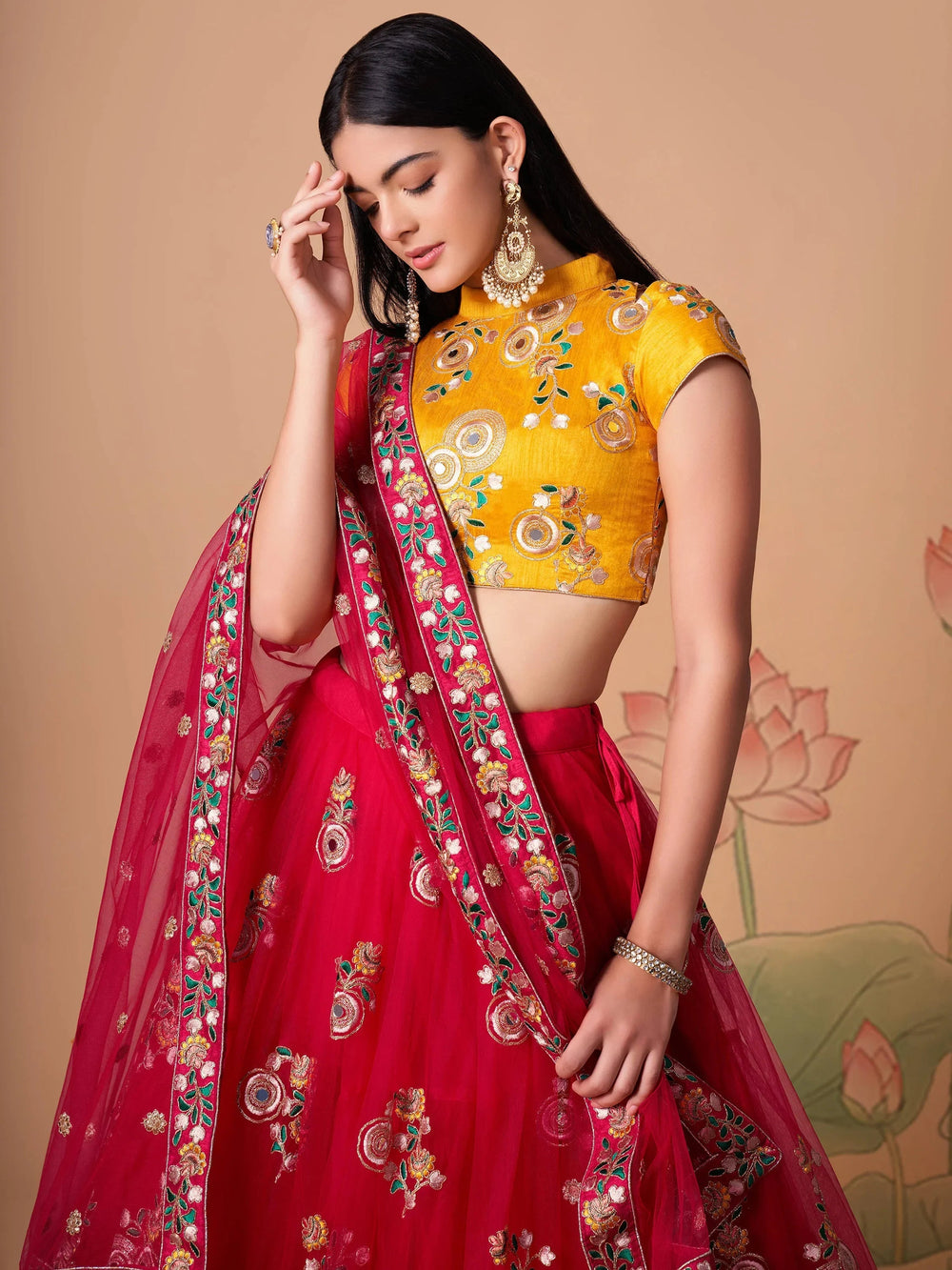 Vibrant Pink Embroidered Net Festival Wear Lehenga Choli Choli