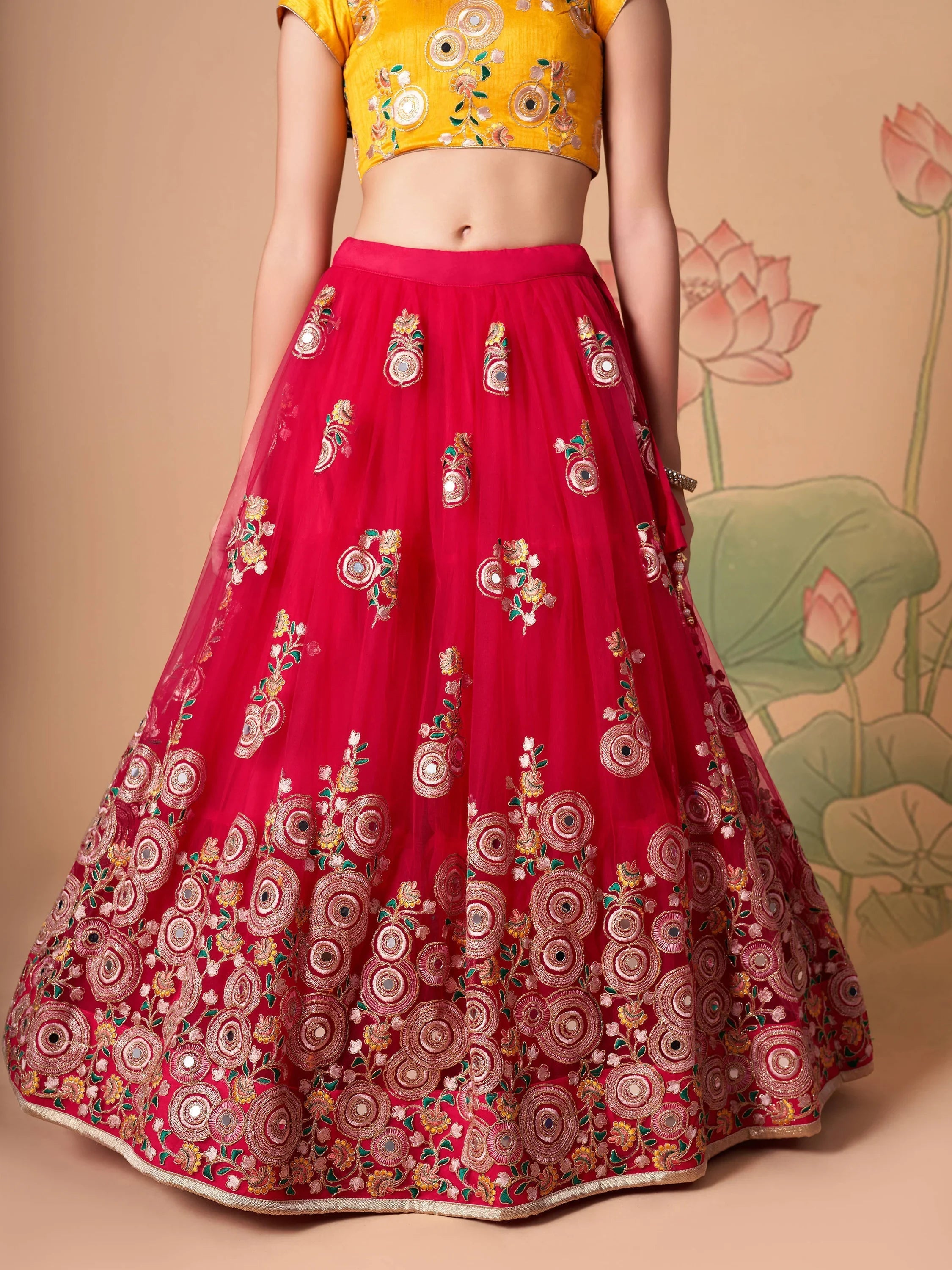 Vibrant Pink Embroidered Net Festival Wear Lehenga Choli Choli
