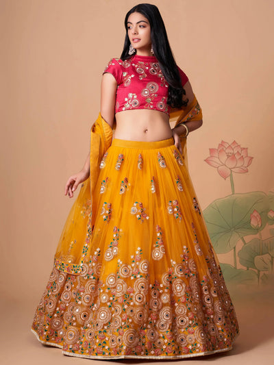 Yellow Sequins Work Net Wedding Wear Lehenga Choli Indian Ethnic Wear