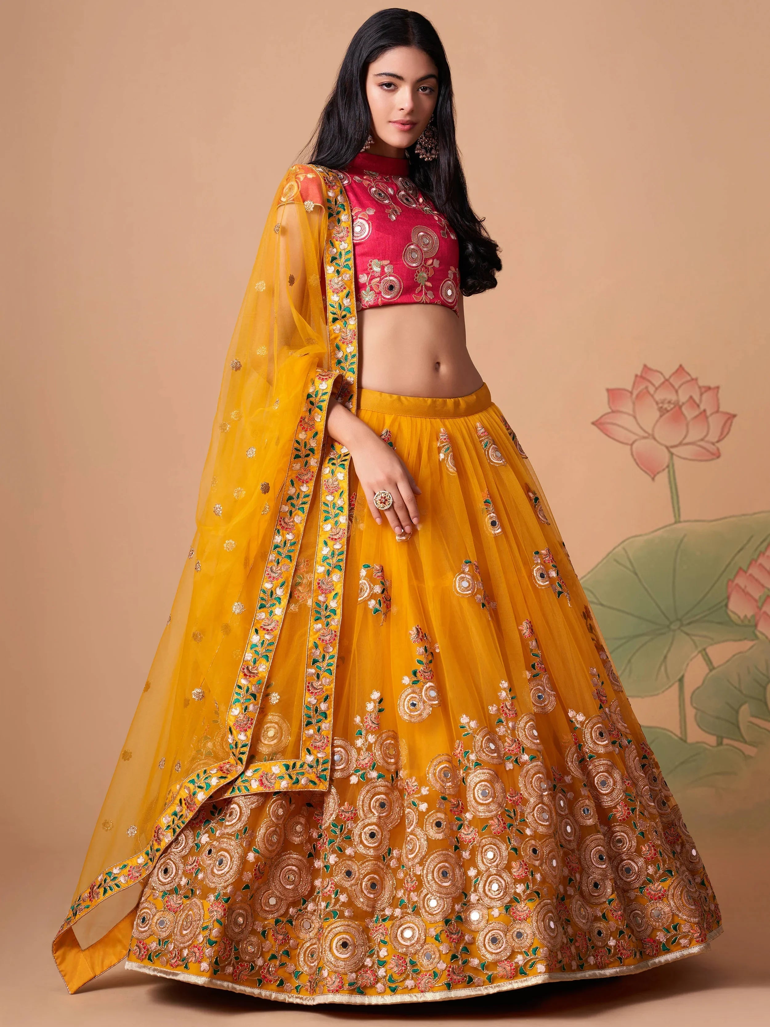 Yellow Sequins Work Net Wedding Wear Lehenga Choli Indian Ethnic Wear