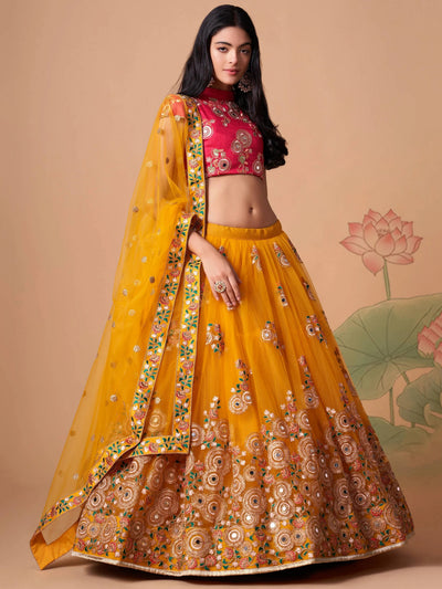 Yellow Sequins Work Net Wedding Wear Lehenga Choli Indian Ethnic Wear