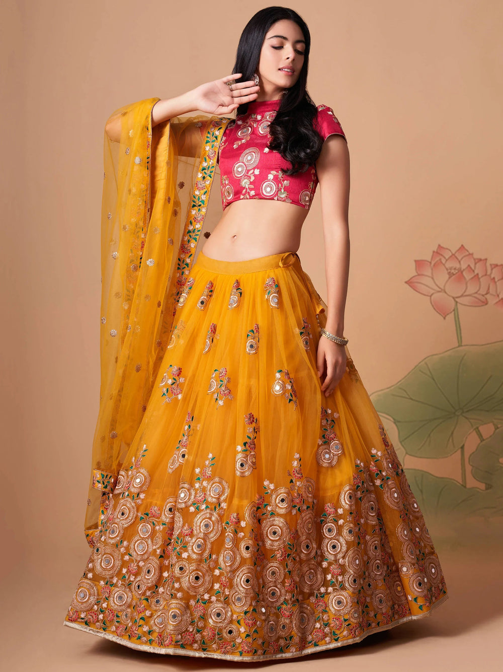 Yellow Sequins Work Net Wedding Wear Lehenga Choli Indian Ethnic Wear