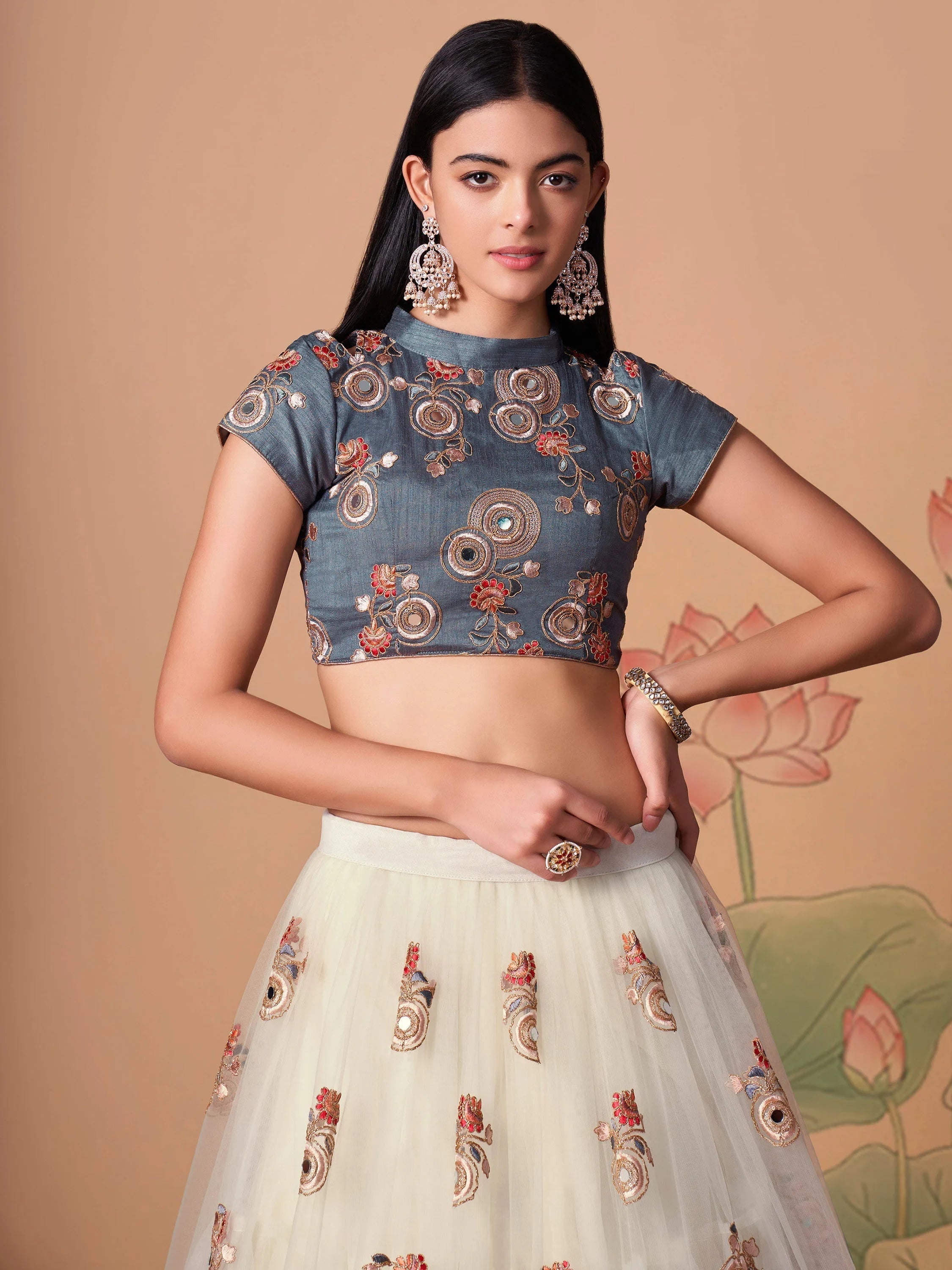 Ivory Embroidered Net Party Lehenga Choli Occasion Wear