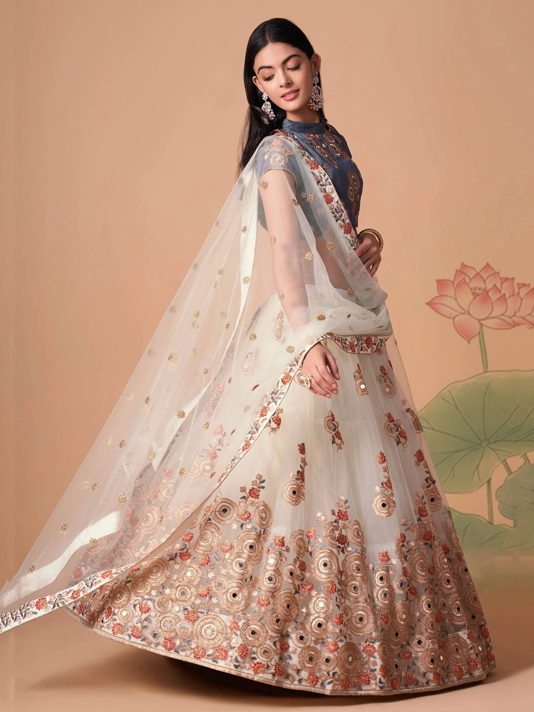 Ivory Embroidered Net Party Lehenga Choli Occasion Wear