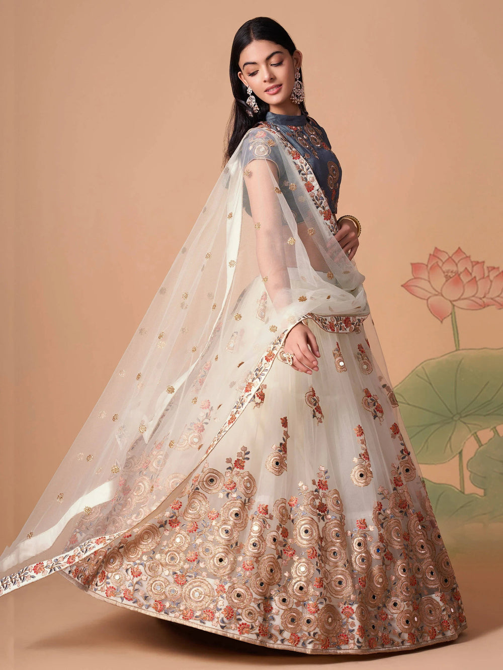 Ivory Embroidered Net Party Lehenga Choli Occasion Wear