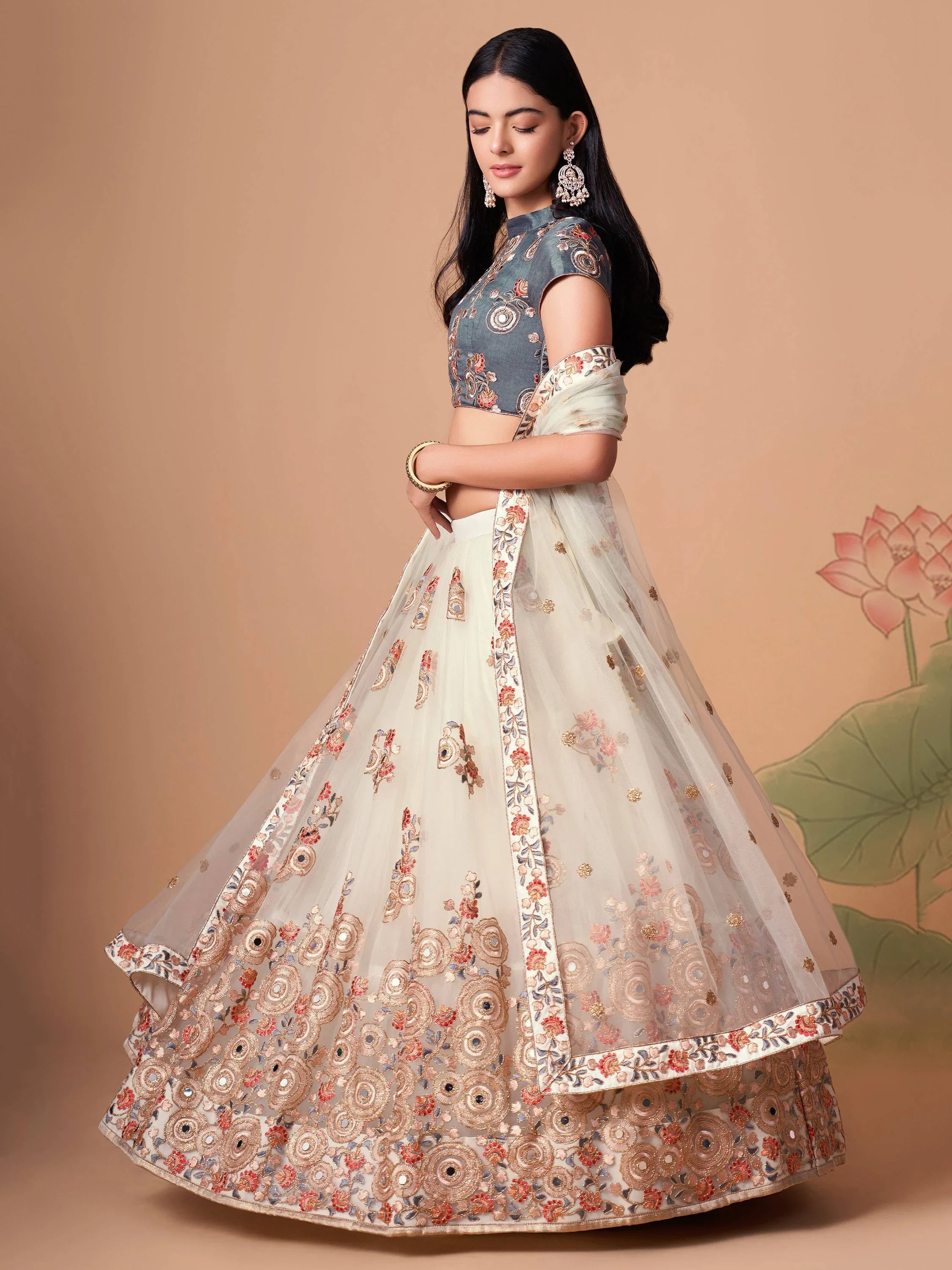 Ivory Embroidered Net Party Lehenga Choli Occasion Wear