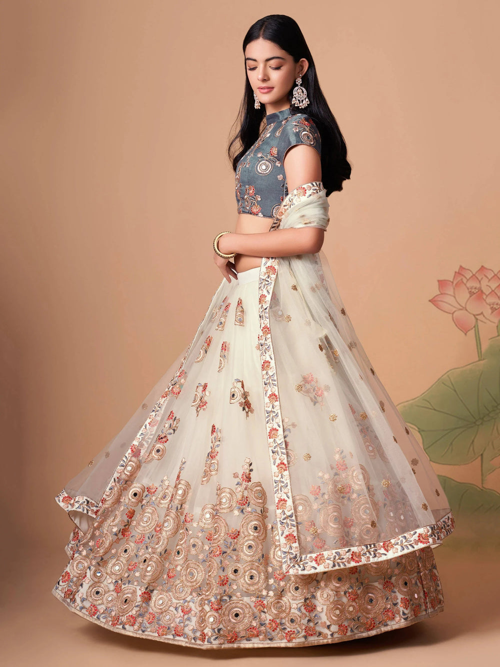Ivory Embroidered Net Party Lehenga Choli Occasion Wear