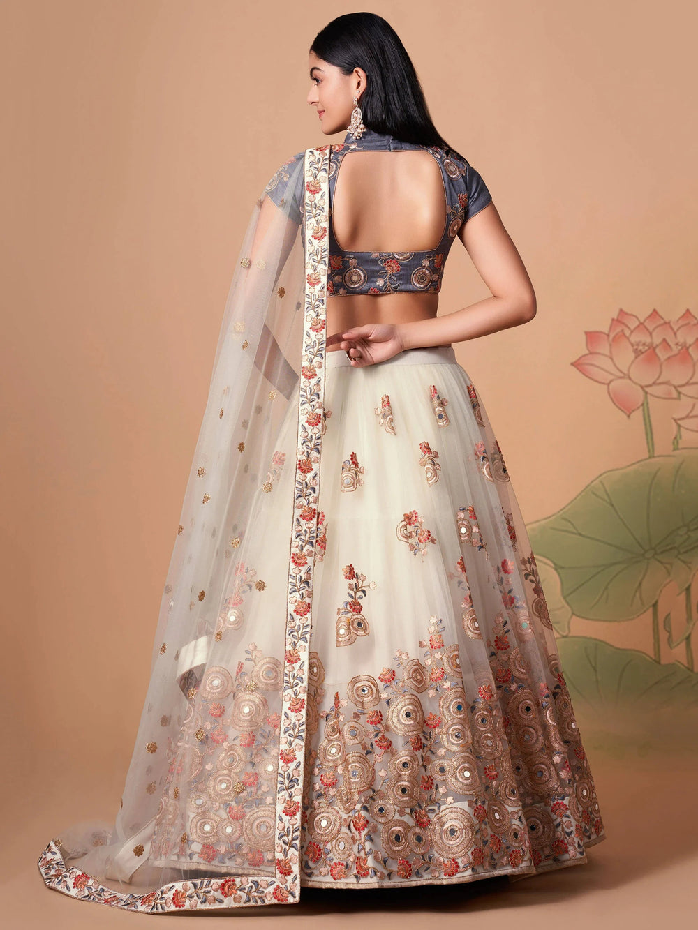 Ivory Embroidered Net Party Lehenga Choli Occasion Wear